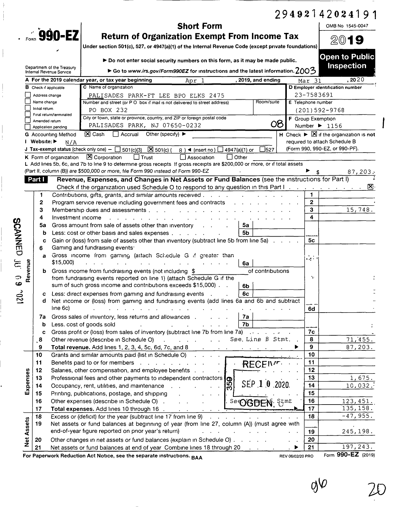 Image of first page of 2019 Form 990EO for Benevolent and Protective Order of Elks - 2475 Palisades Park-Fort Lee