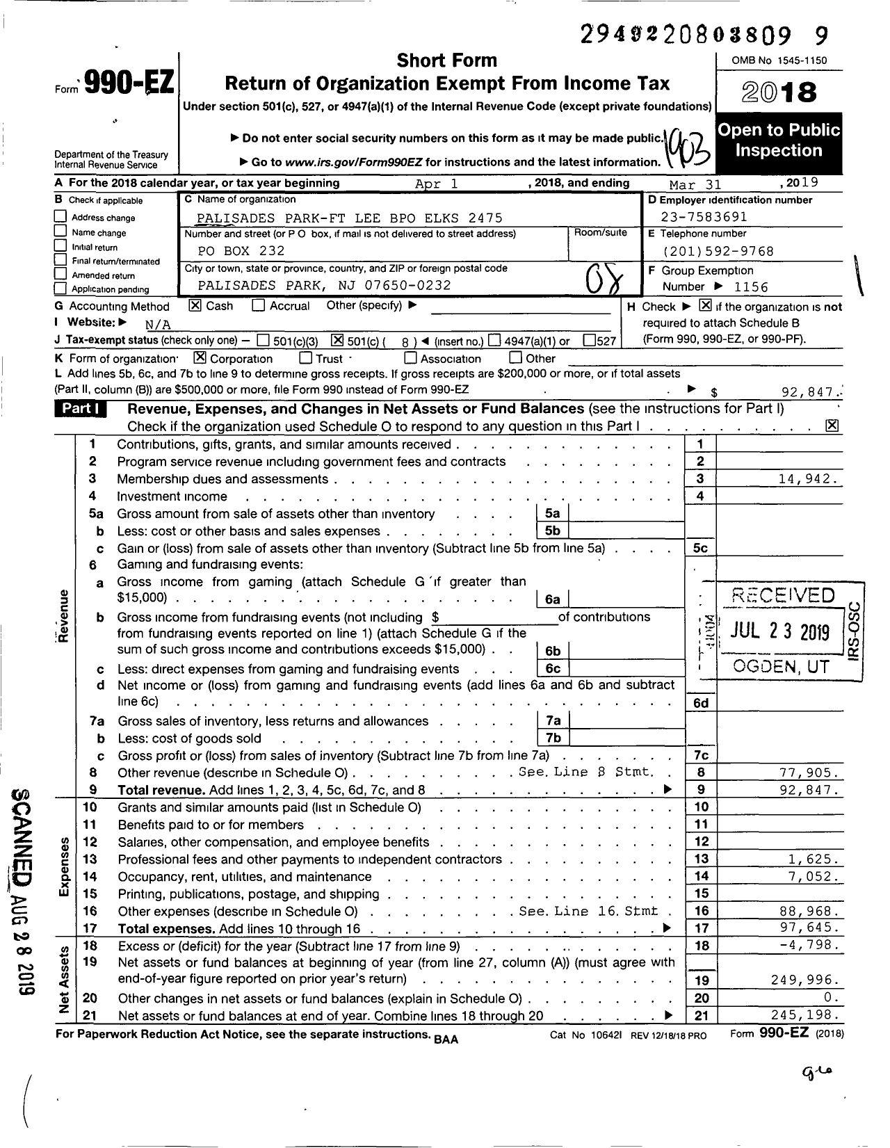 Image of first page of 2018 Form 990EO for Benevolent and Protective Order of Elks - 2475 Palisades Park-Fort Lee