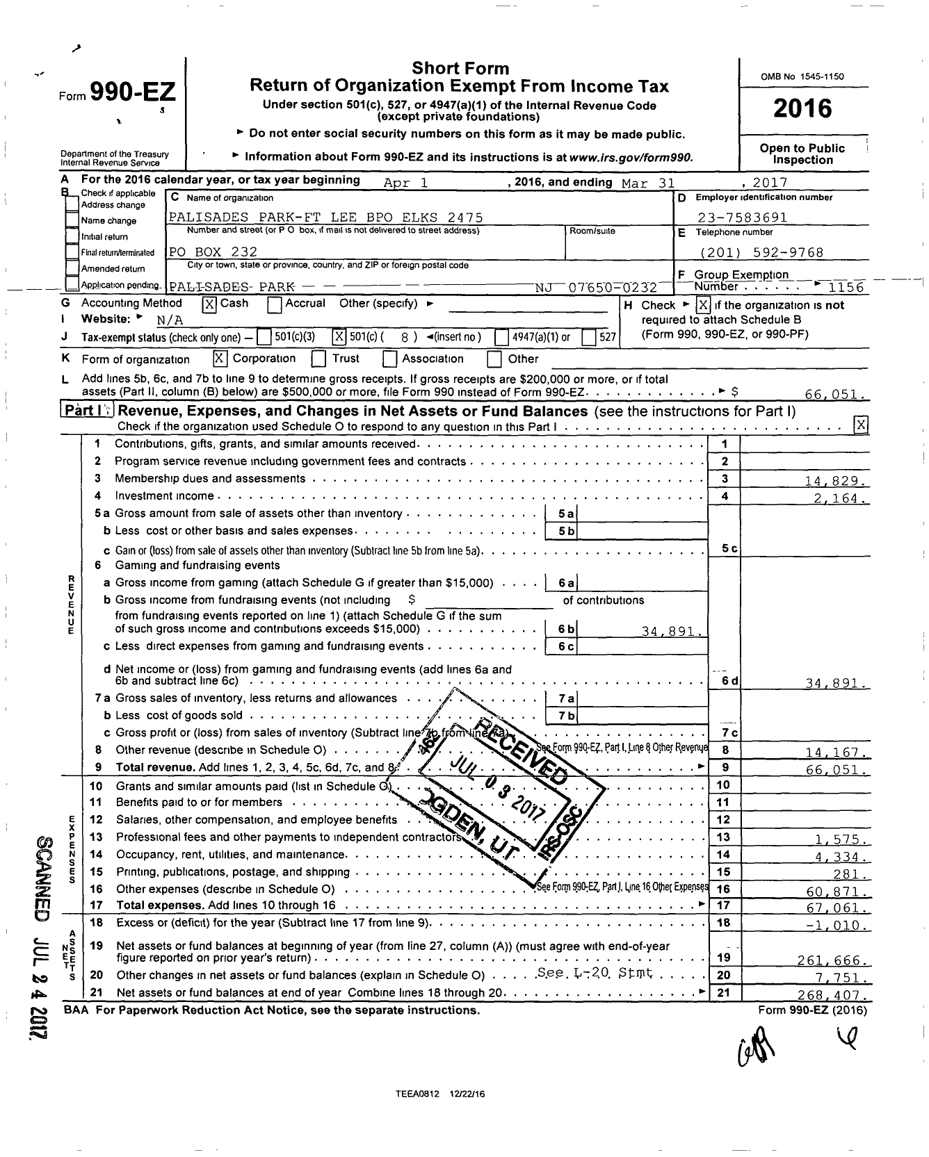 Image of first page of 2016 Form 990EO for Benevolent and Protective Order of Elks - 2475 Palisades Park-Fort Lee