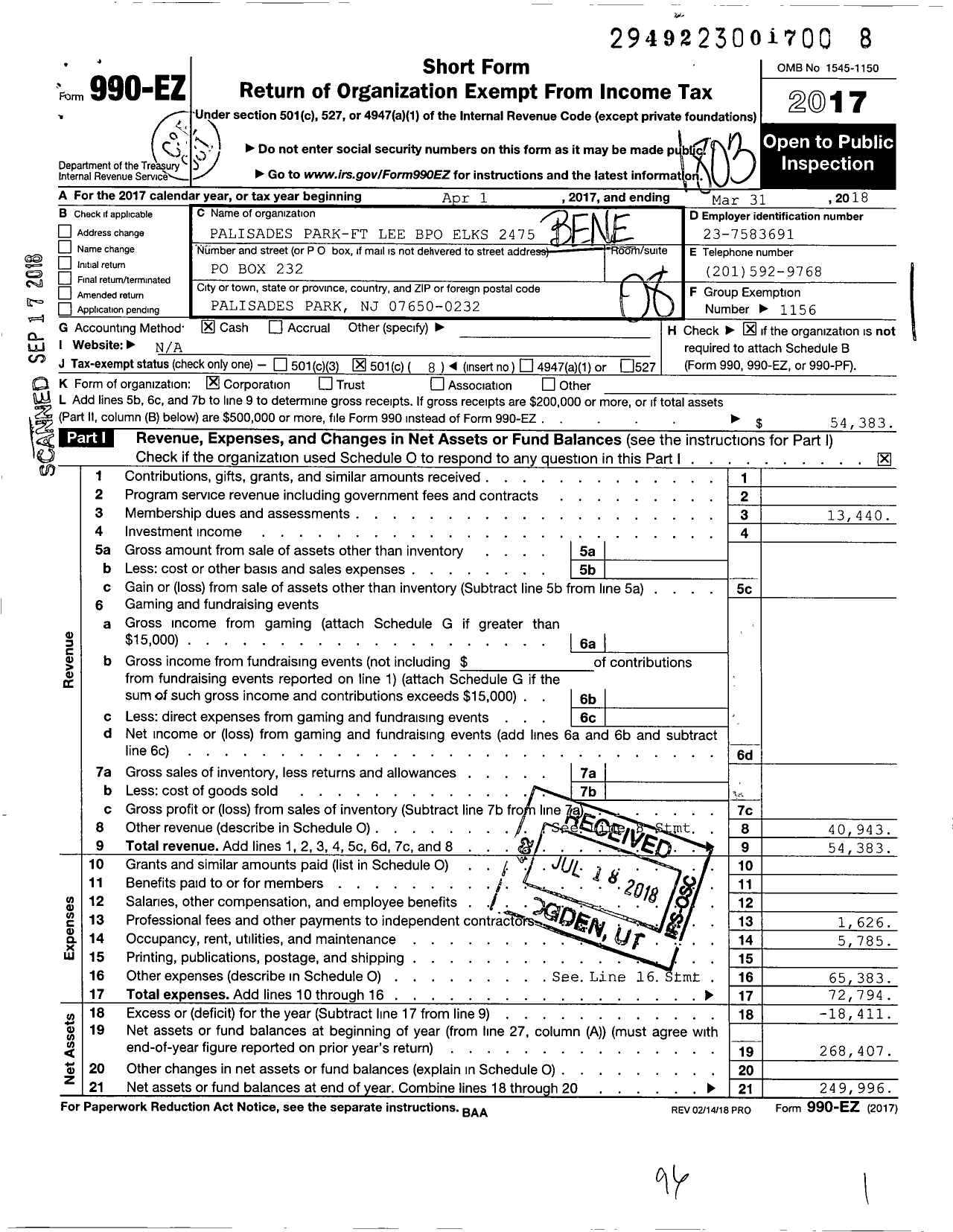 Image of first page of 2017 Form 990EO for Benevolent and Protective Order of Elks - 2475 Palisades Park-Fort Lee