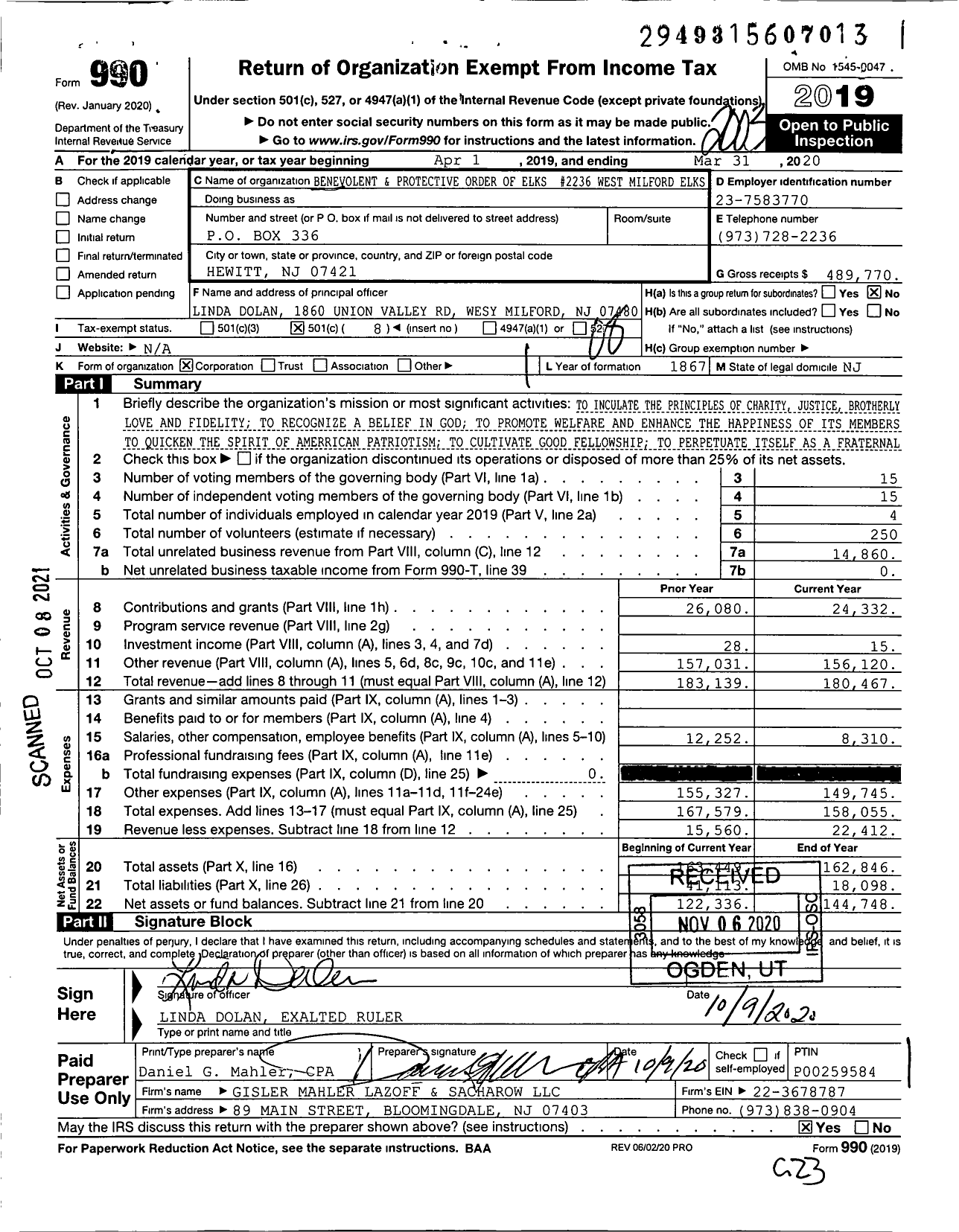 Image of first page of 2019 Form 990O for Benevolent and Protective Order of Elks - 2236 West Milford