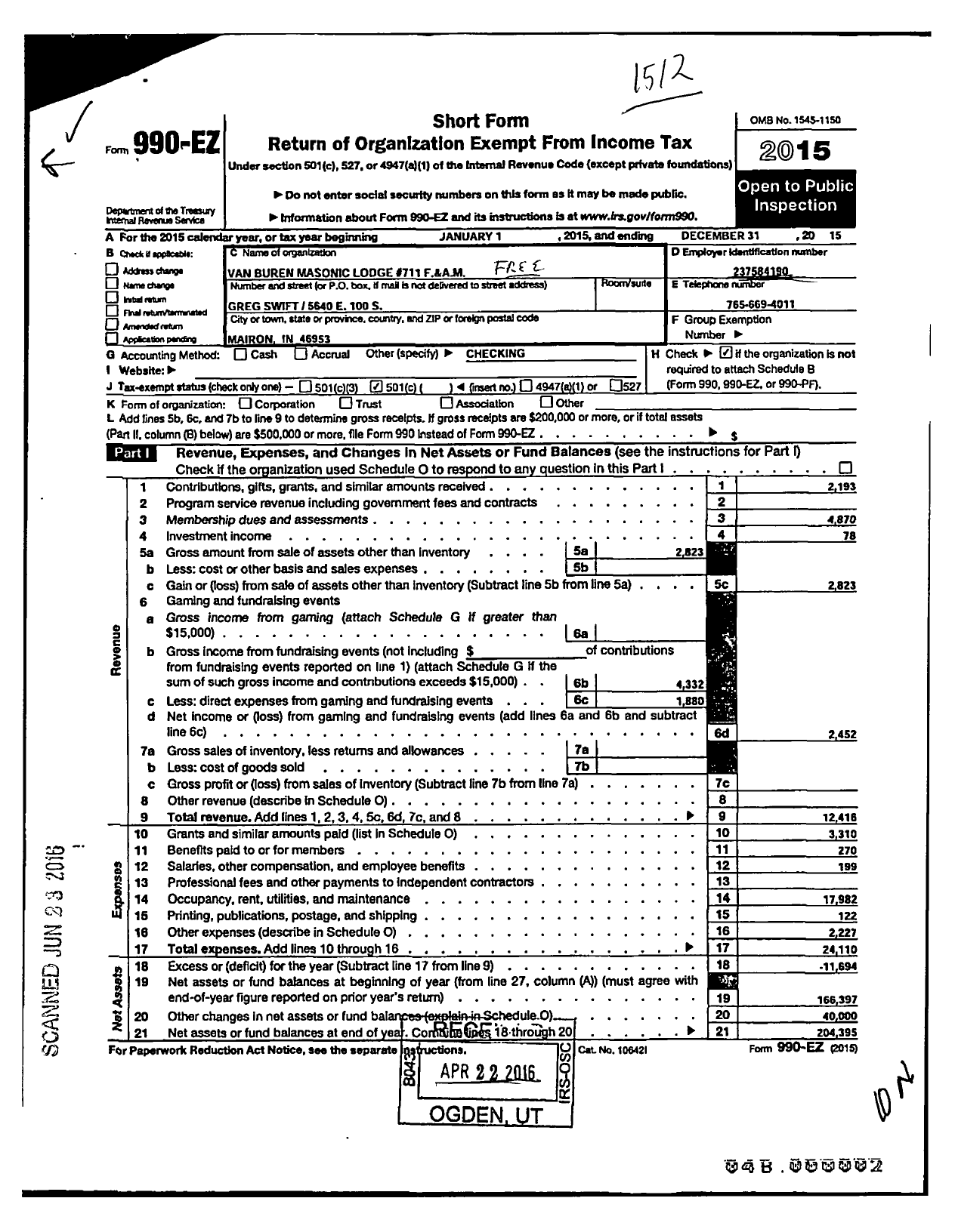 Image of first page of 2015 Form 990EO for Free & Accepted Masons of Indiana - 711 Van Buren