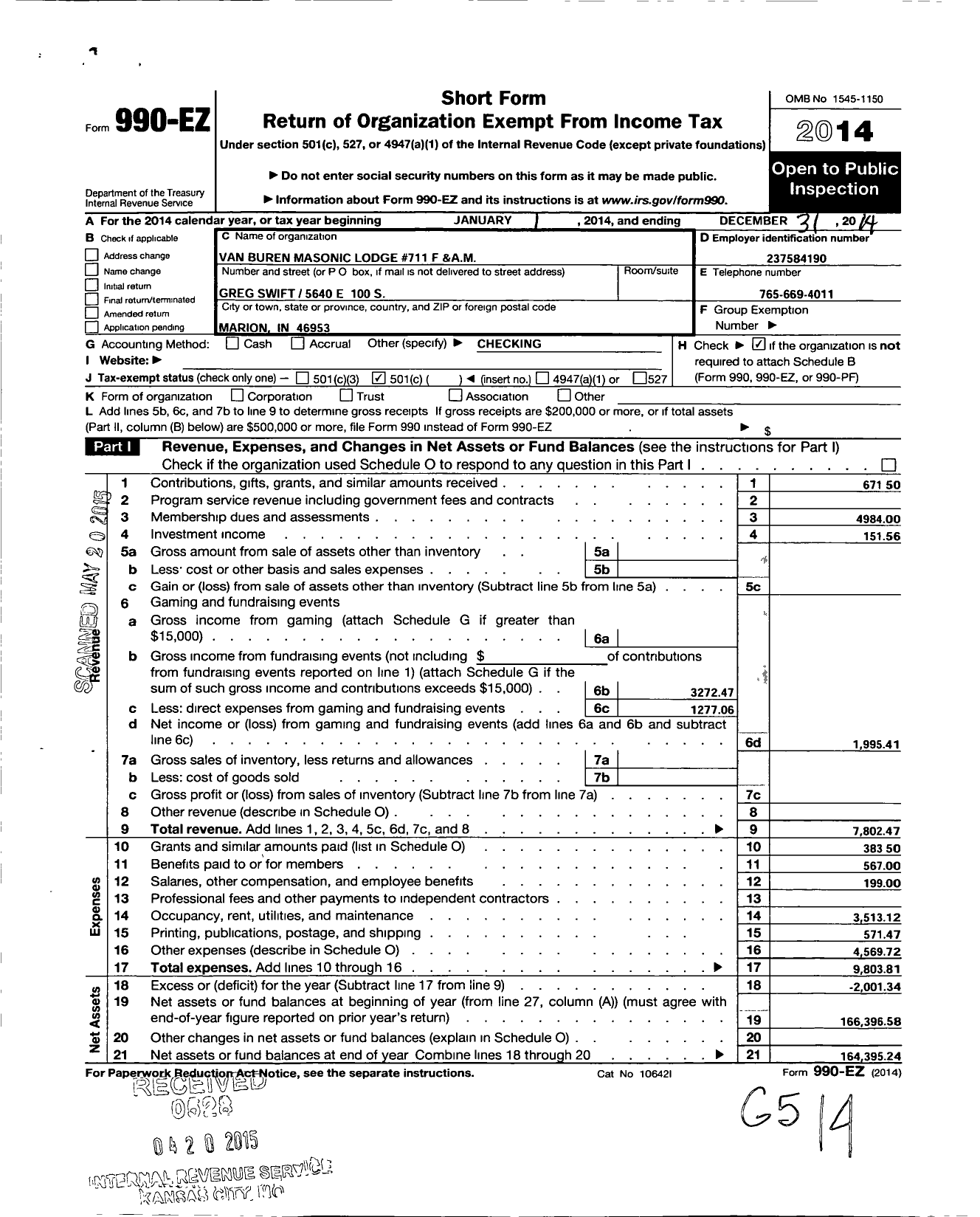 Image of first page of 2014 Form 990EO for Free & Accepted Masons of Indiana - 711 Van Buren