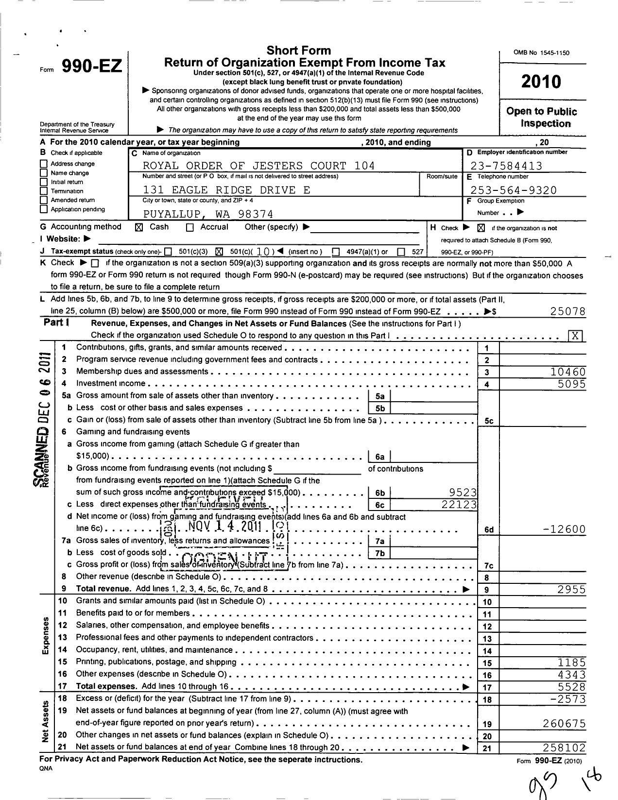 Image of first page of 2010 Form 990EO for Royal Order of Jesters - 104 Tacoma Court