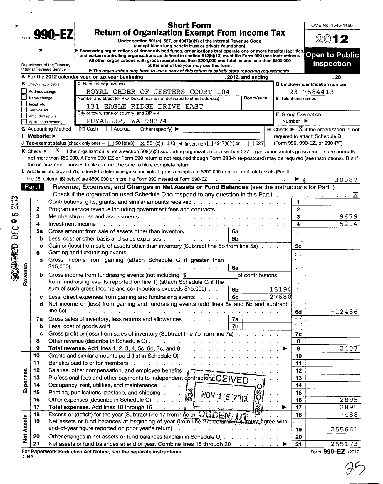 Image of first page of 2012 Form 990EO for Royal Order of Jesters - 104 Tacoma Court