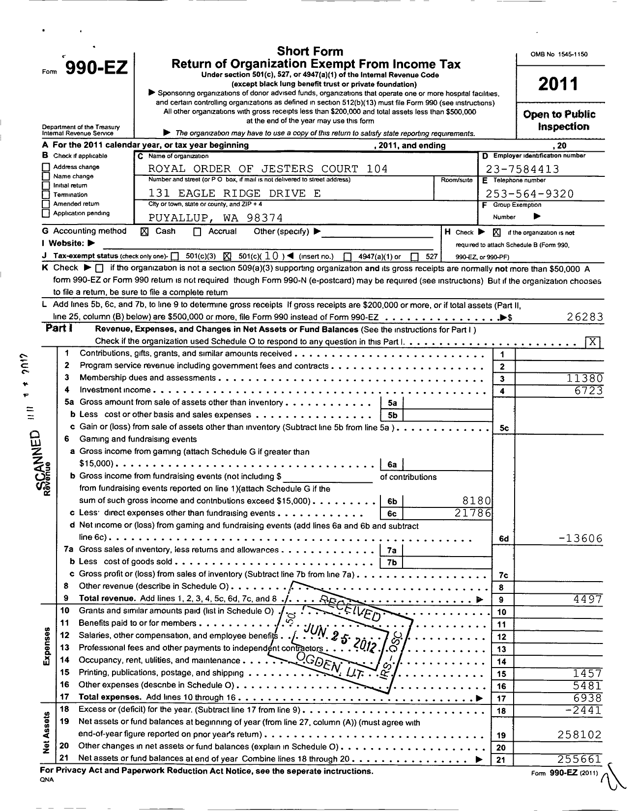 Image of first page of 2011 Form 990EO for Royal Order of Jesters - 104 Tacoma Court