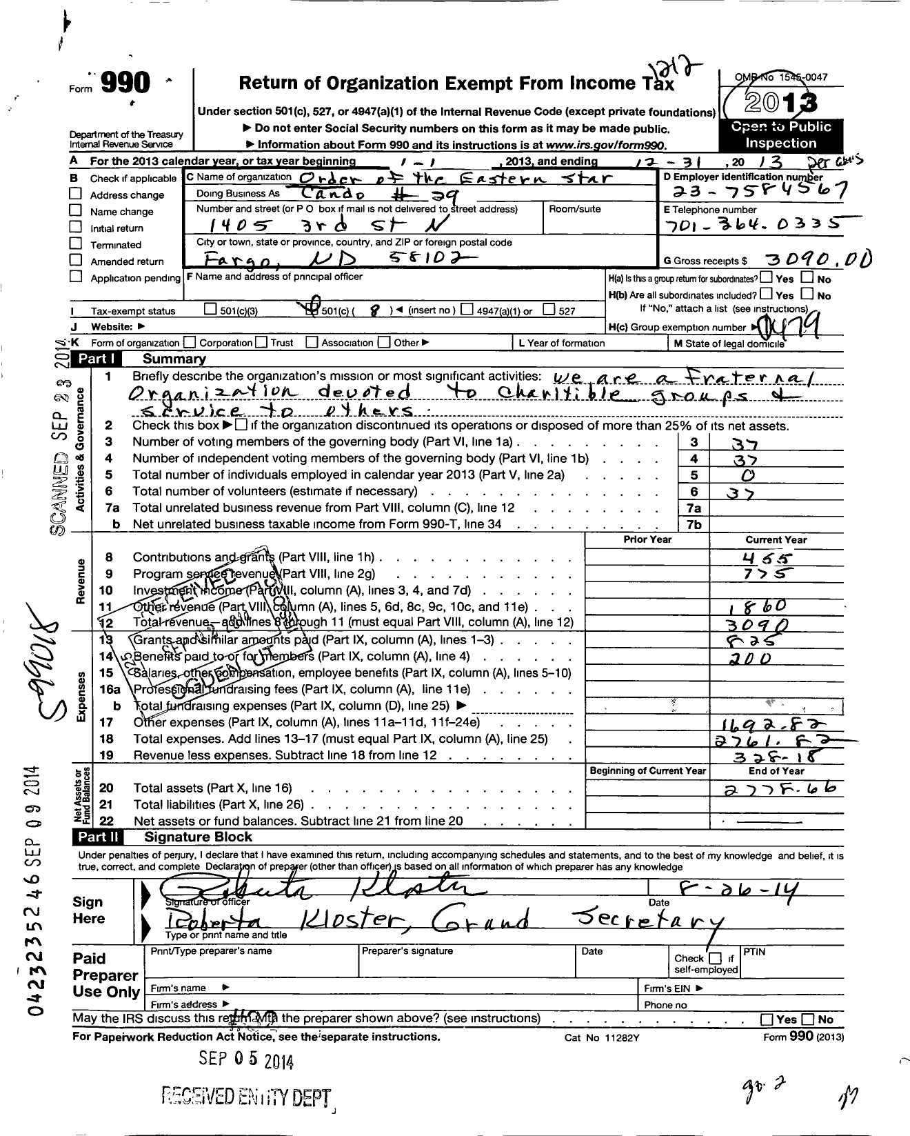 Image of first page of 2012 Form 990O for Order of the Eastern Star of North Dakota - 29 Cando