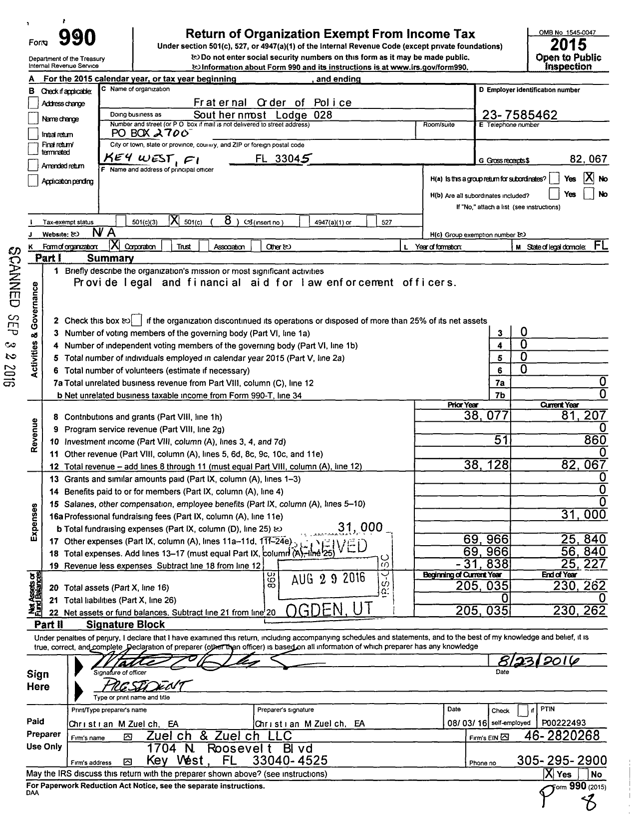 Image of first page of 2015 Form 990O for Fraternal Order of Police - 28 Fop Southermost Lodge