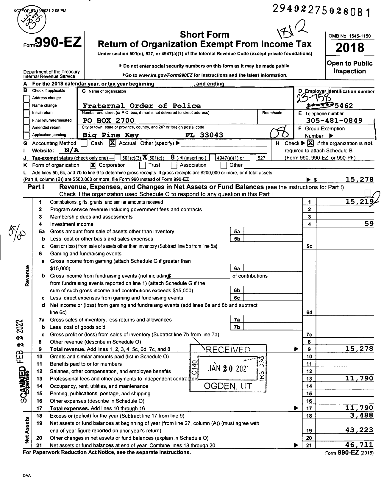 Image of first page of 2018 Form 990EO for Fraternal Order of Police - 28 Fop Southermost Lodge