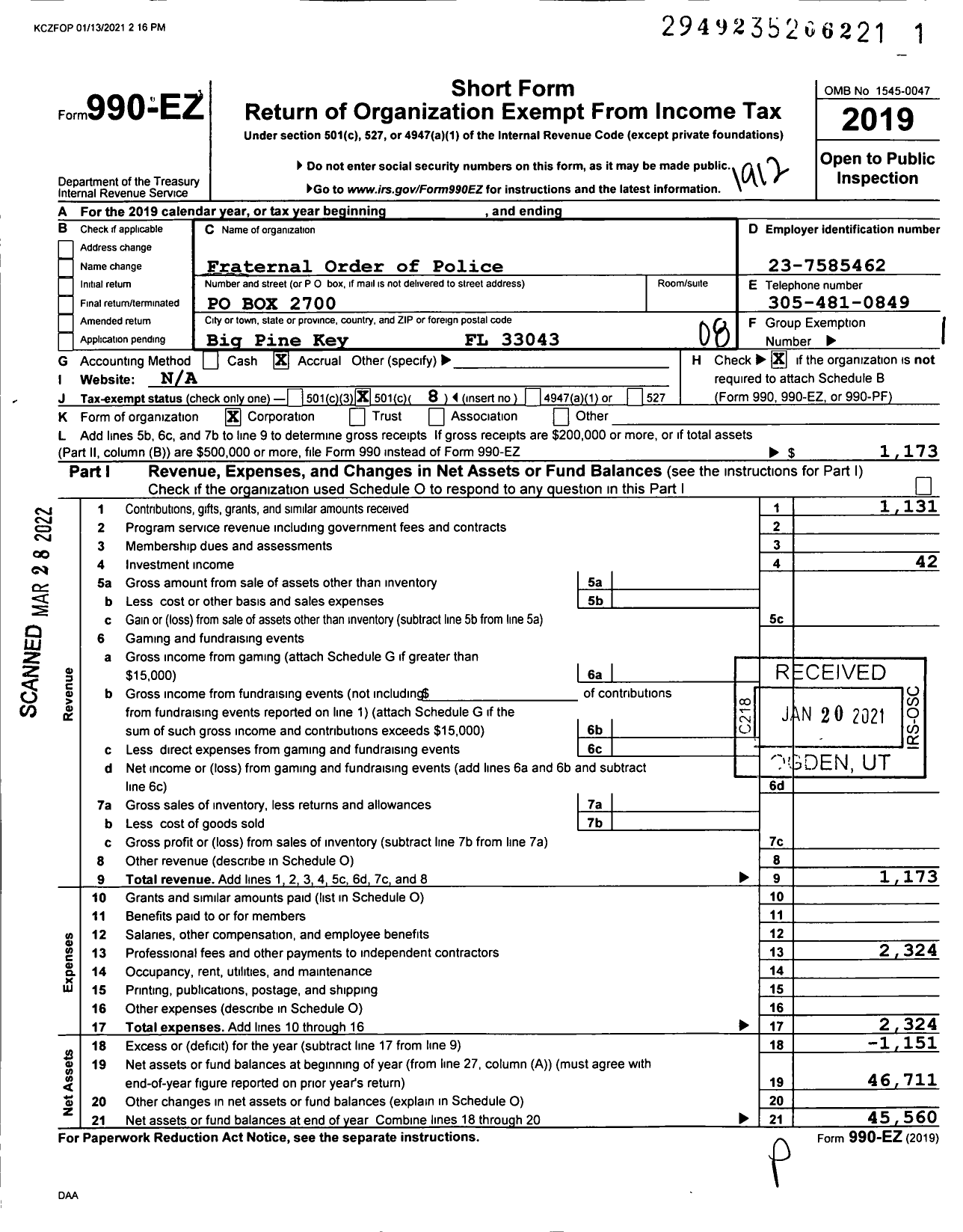 Image of first page of 2019 Form 990EO for Fraternal Order of Police - 28 Fop Southermost Lodge