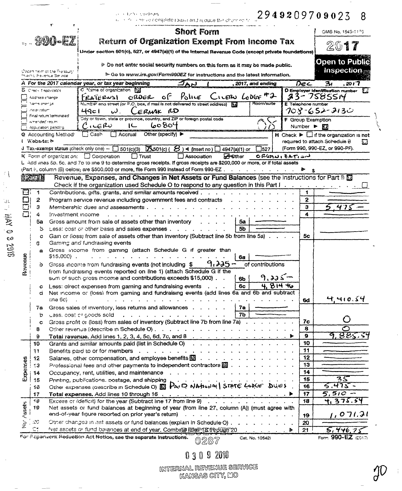 Image of first page of 2017 Form 990EO for Cicero Fraternal Order of Police Lodge 2