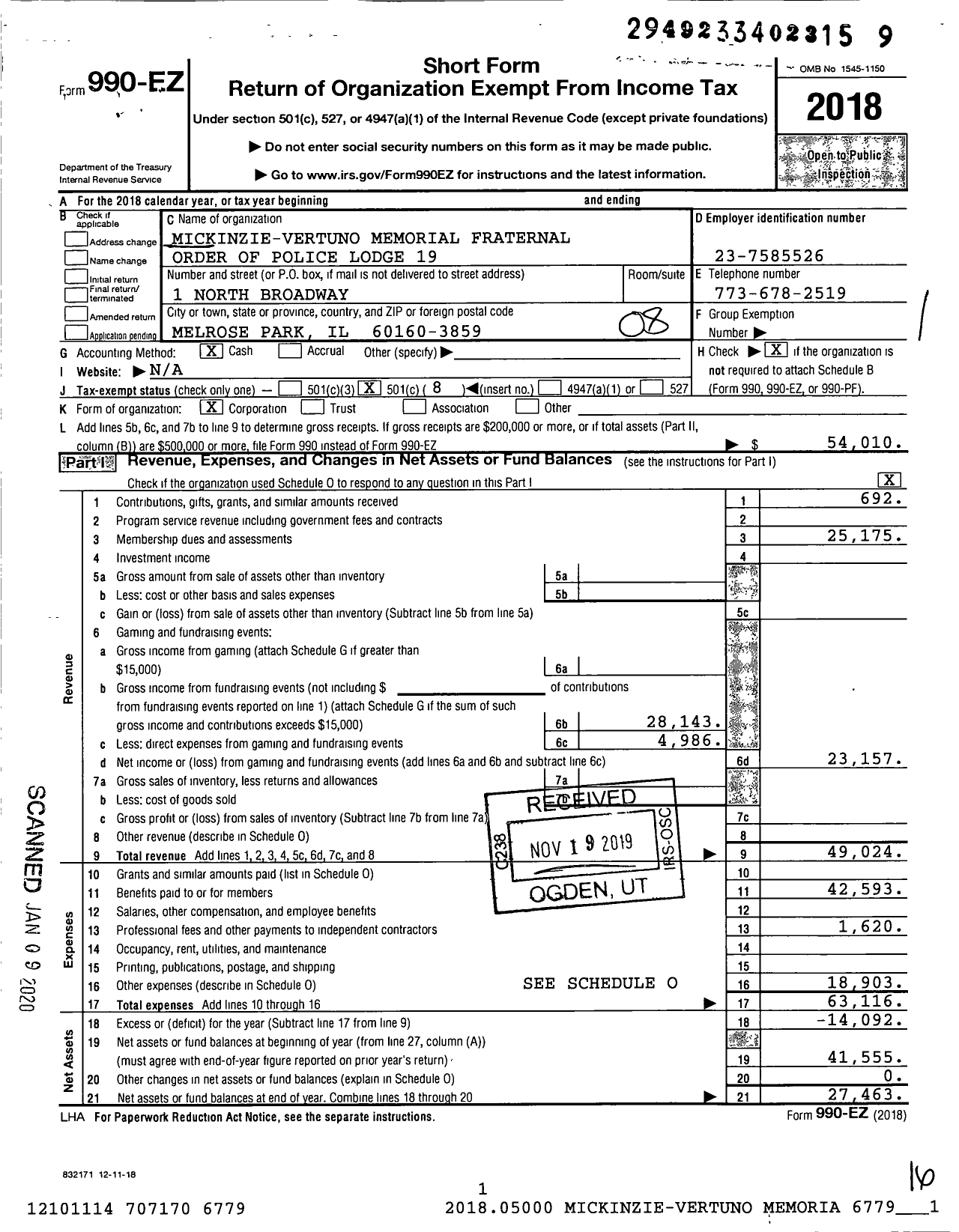 Image of first page of 2018 Form 990EO for Mickinzie-Vertuno Memorial Fraternal Order of Police Lodge 19