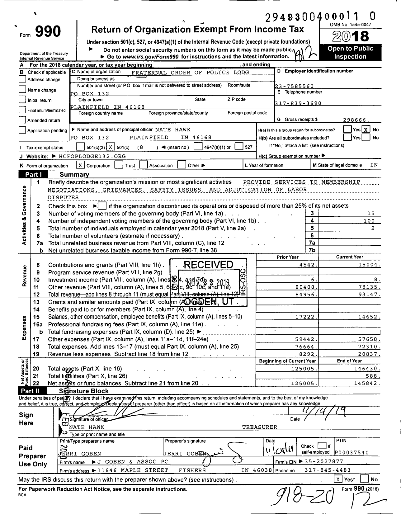 Image of first page of 2018 Form 990O for Fraternal Order of Police - 132 Hendricks County Lodge