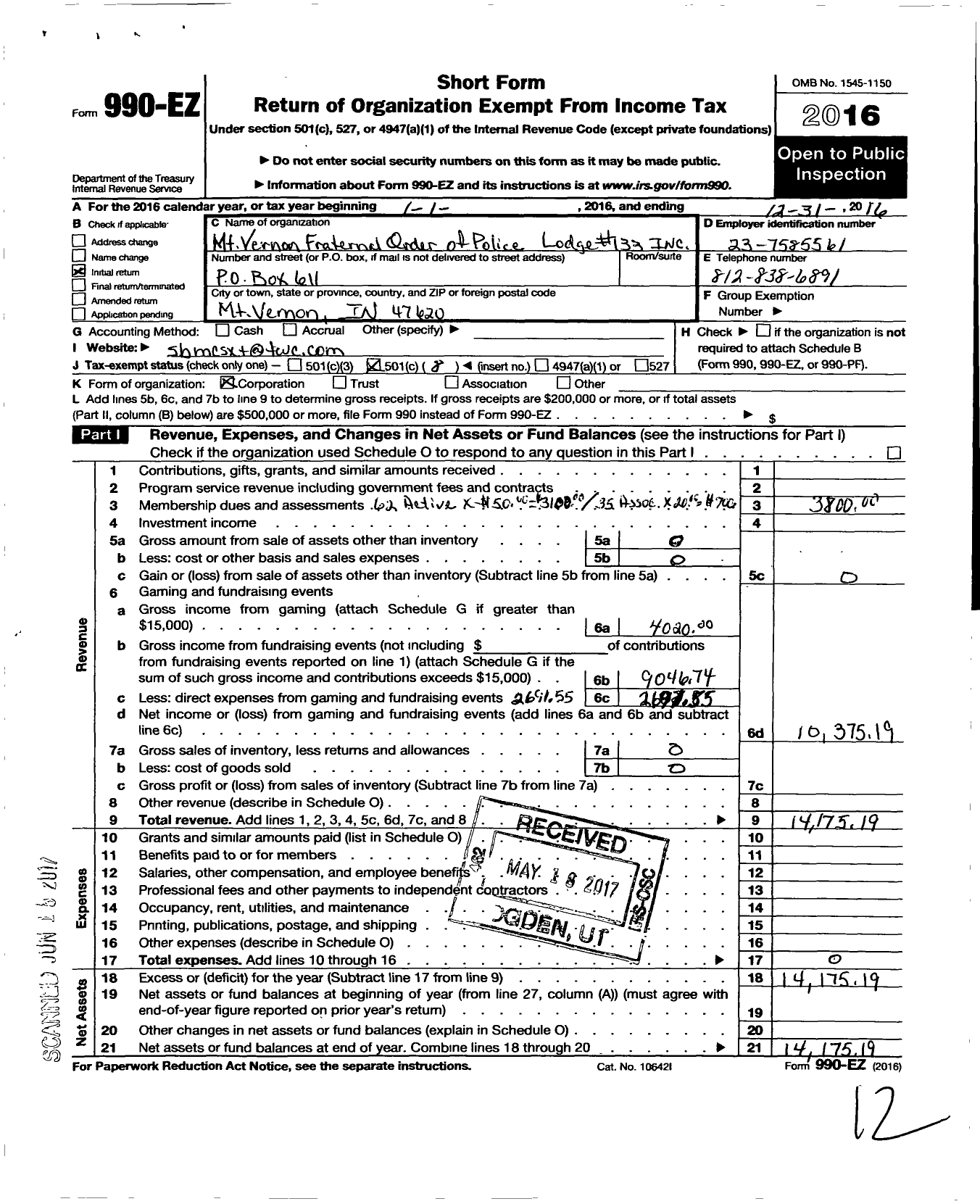 Image of first page of 2016 Form 990EO for Fraternal Order of Police - 133 Posey County Fop Lodge