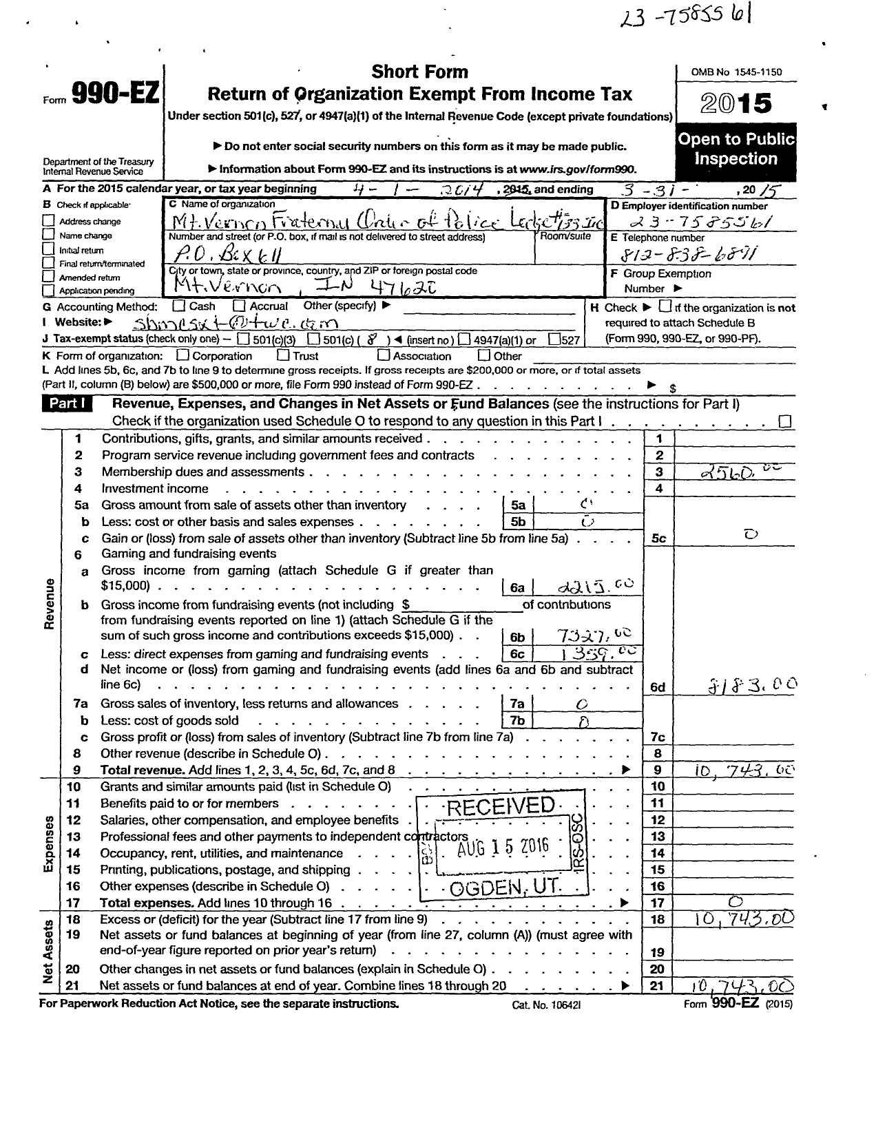 Image of first page of 2014 Form 990ER for Fraternal Order of Police - 133 Posey County Fop Lodge