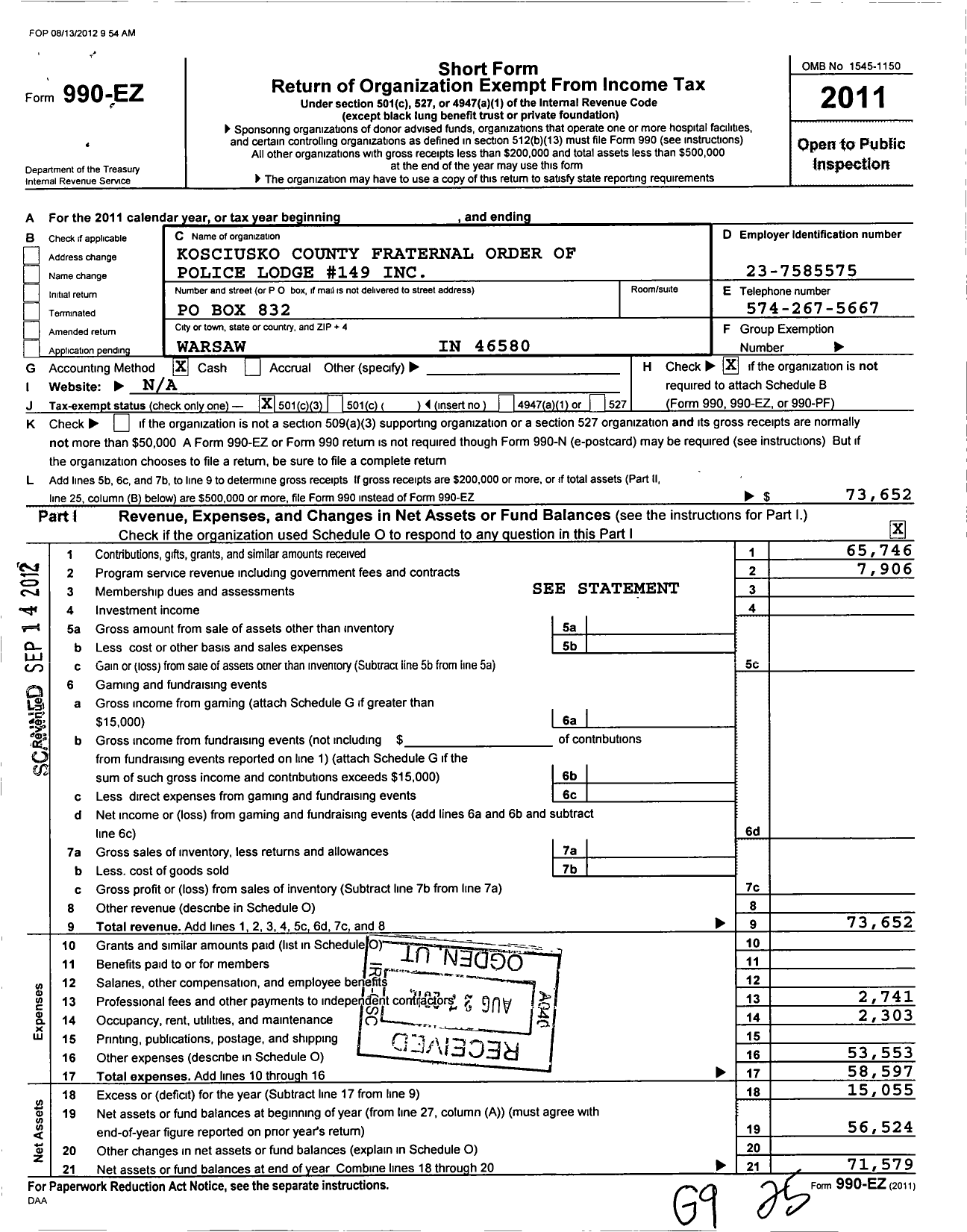 Image of first page of 2011 Form 990EZ for Fraternal Order of Police - 149 Kosciusko County Lodge