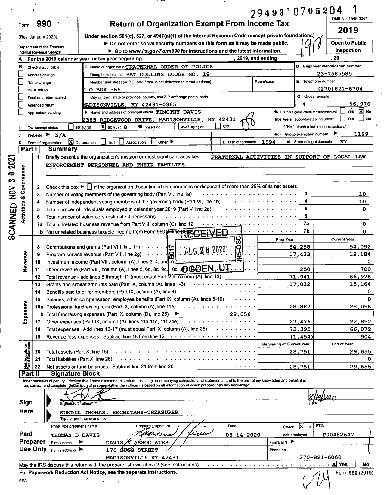 Image of first page of 2019 Form 990O for Fraternal Order of Police - 19 Pat Collins Lodge