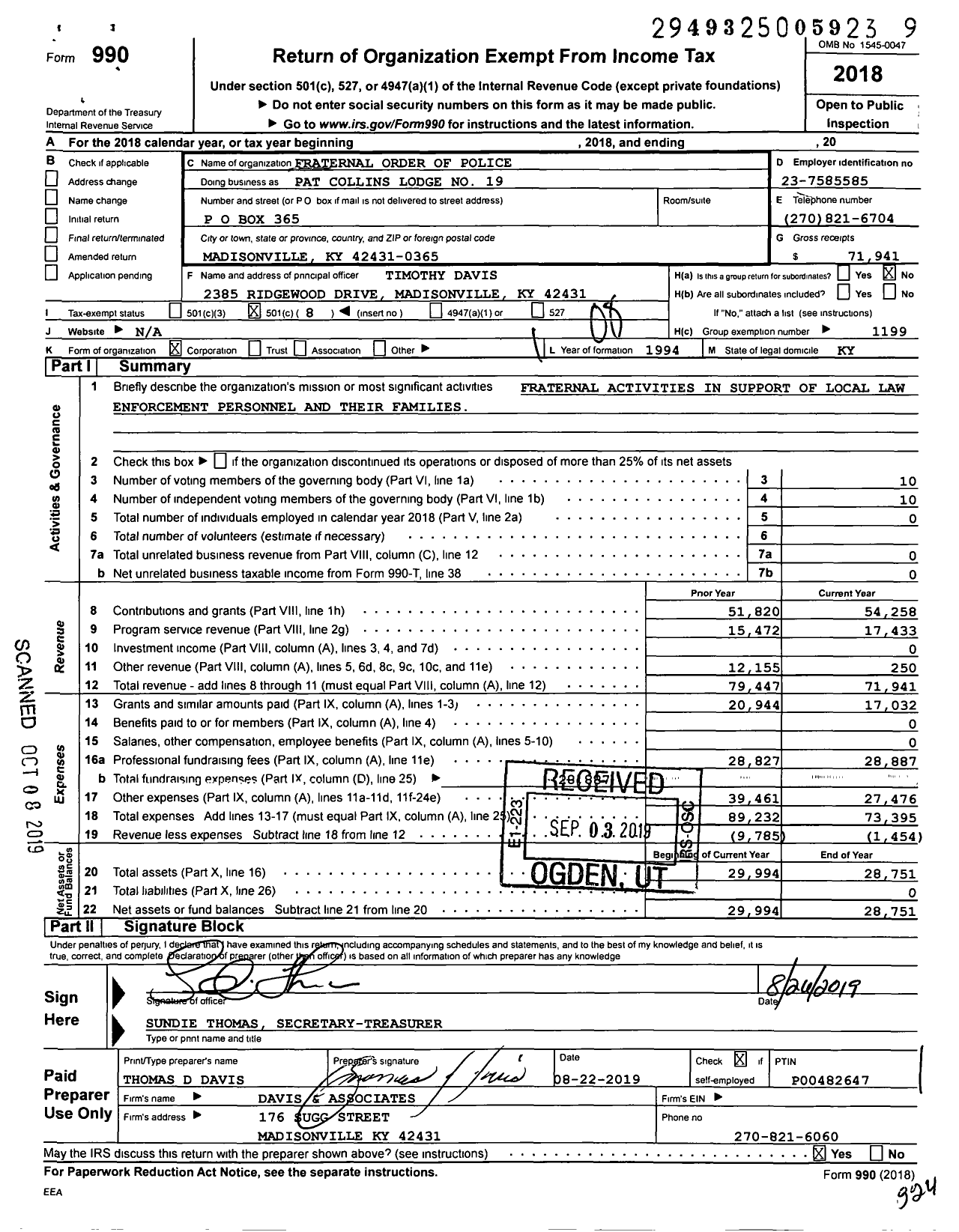 Image of first page of 2018 Form 990O for Fraternal Order of Police - 19 Pat Collins Lodge