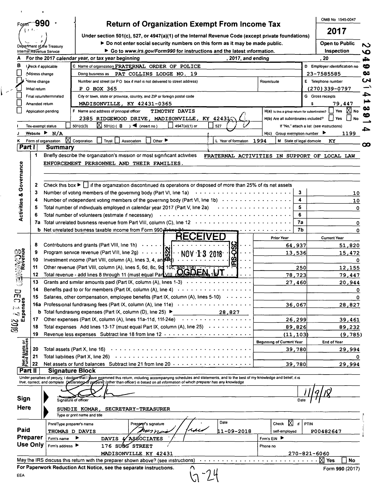 Image of first page of 2017 Form 990O for Fraternal Order of Police - 19 Pat Collins Lodge