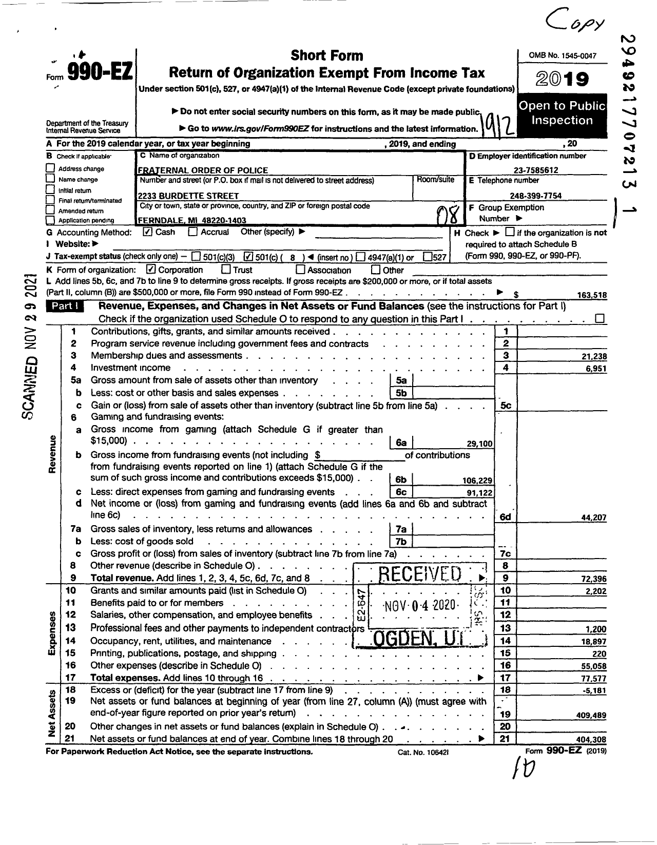 Image of first page of 2019 Form 990EO for Fraternal Order of Police - 130 South Oakland Co Lodge