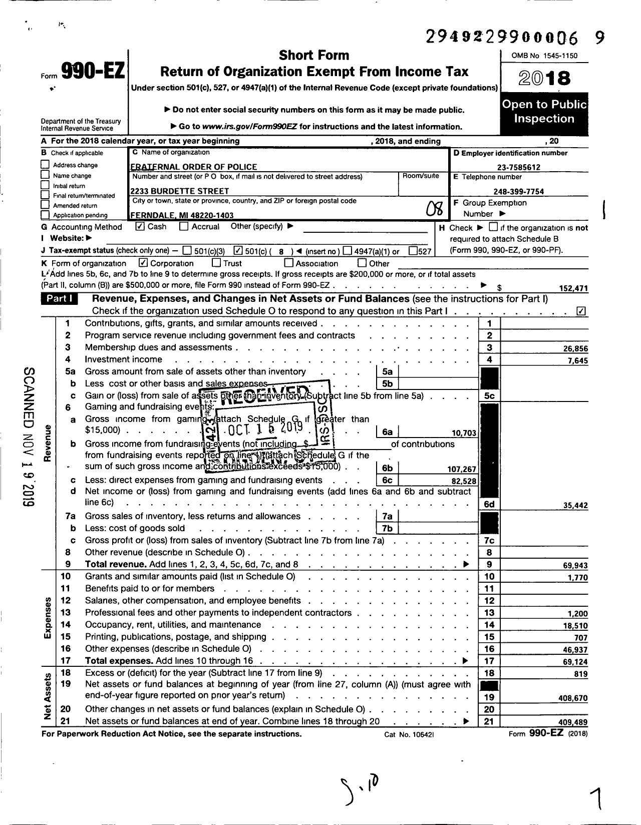 Image of first page of 2018 Form 990EO for Fraternal Order of Police - 130 South Oakland Co Lodge