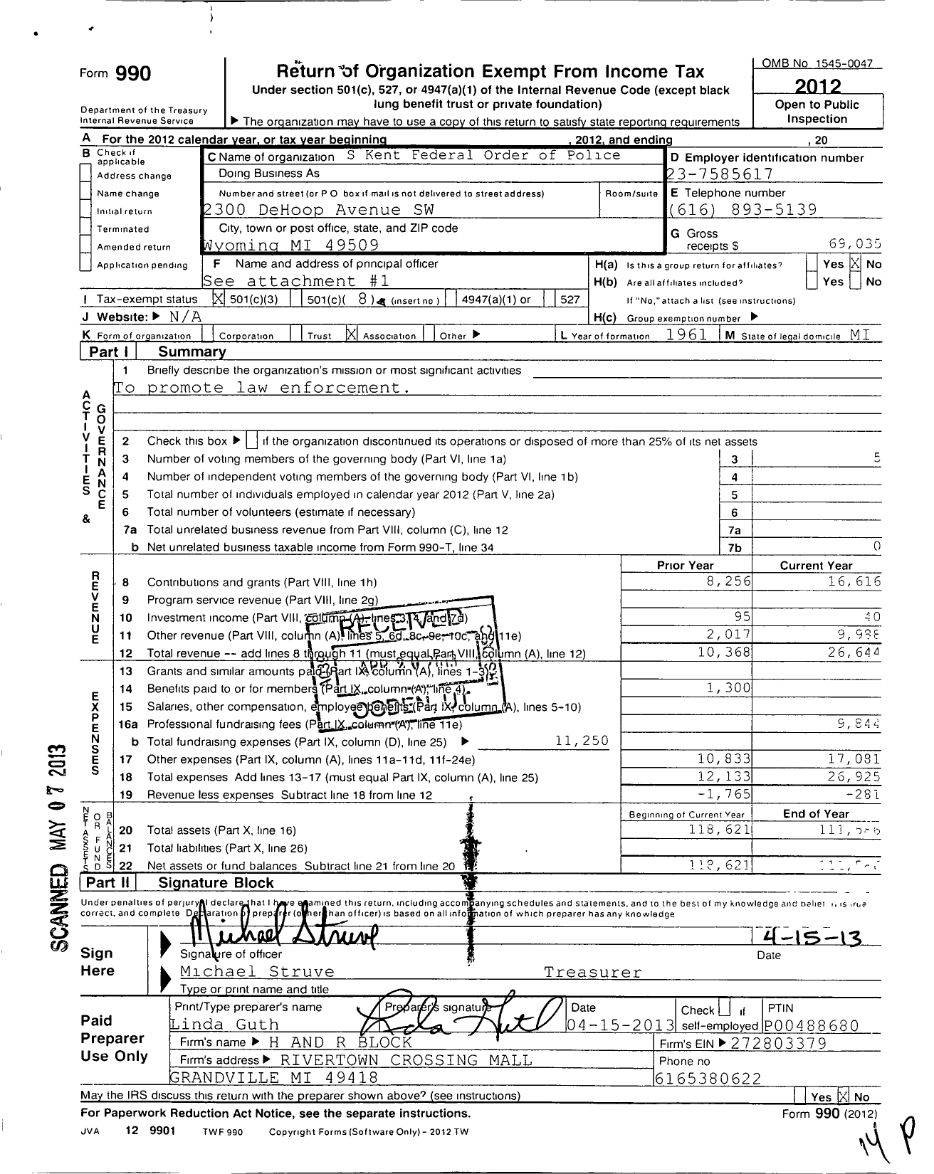 Image of first page of 2012 Form 990O for Fraternal Order of Police / 134 South Kent Lodge