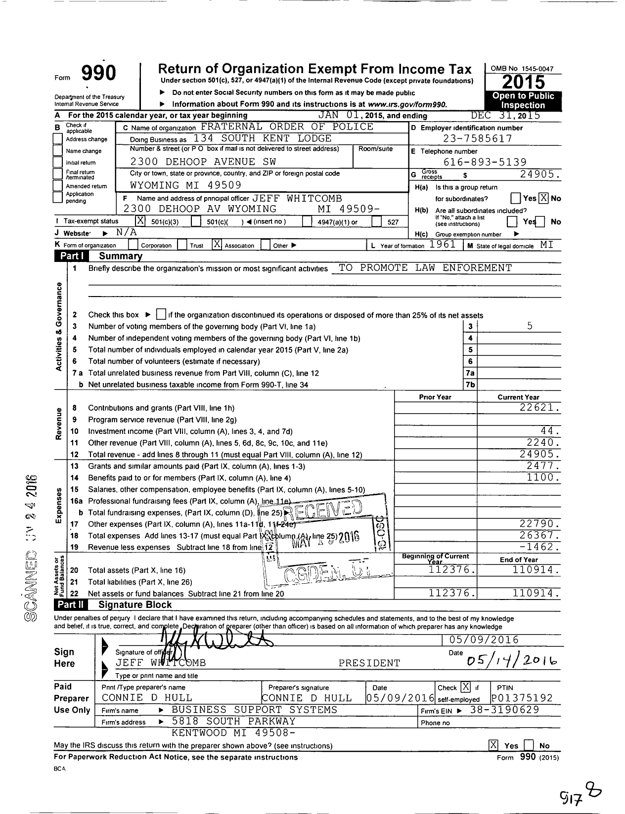 Image of first page of 2015 Form 990 for Fraternal Order of Police / 134 South Kent Lodge