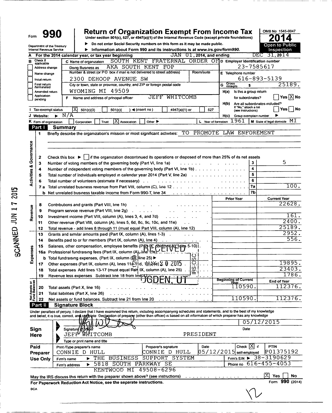 Image of first page of 2014 Form 990 for Fraternal Order of Police / 134 South Kent Lodge