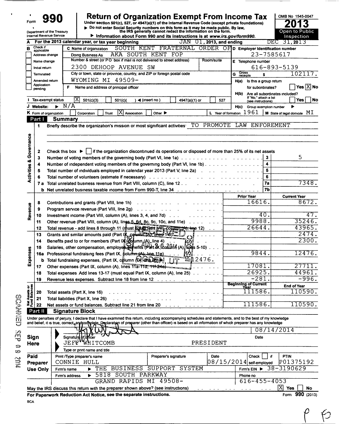 Image of first page of 2013 Form 990 for Fraternal Order of Police / 134 South Kent Lodge