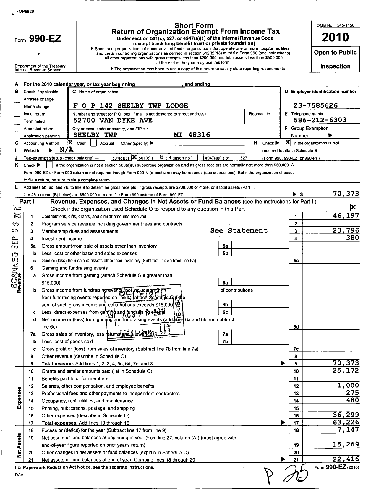 Image of first page of 2010 Form 990EO for Fraternal Order of Police - 142 Shelby Township Lodge