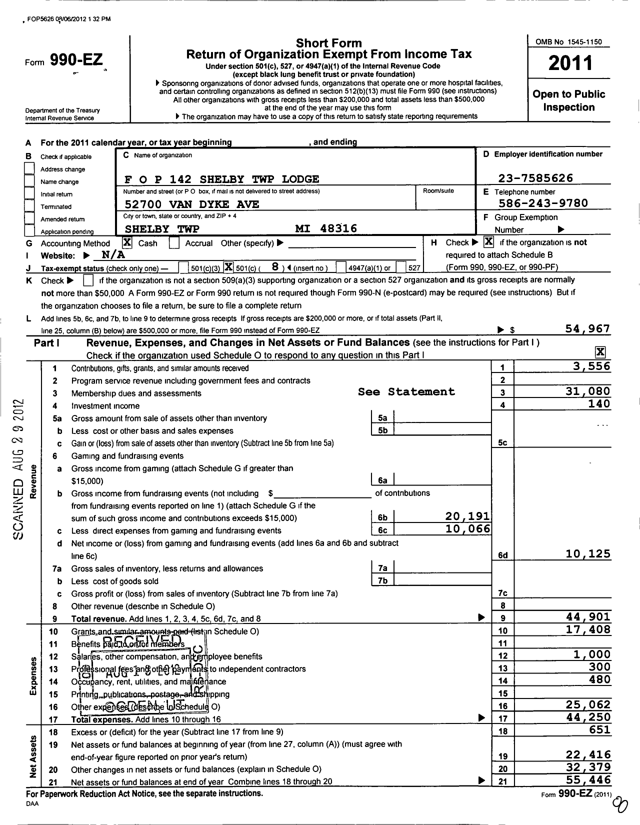 Image of first page of 2011 Form 990EO for Fraternal Order of Police - 142 Shelby Township Lodge