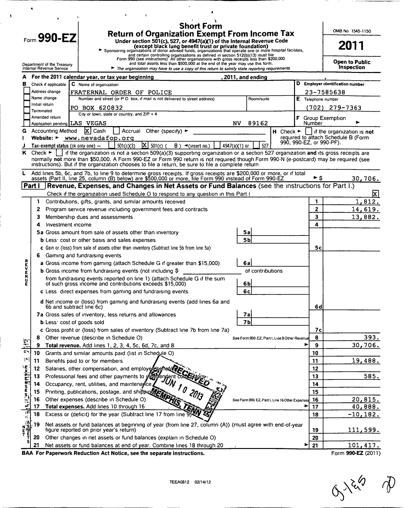 Image of first page of 2011 Form 990EO for Fraternal Order of Police - 1 Las Vegas Lodge