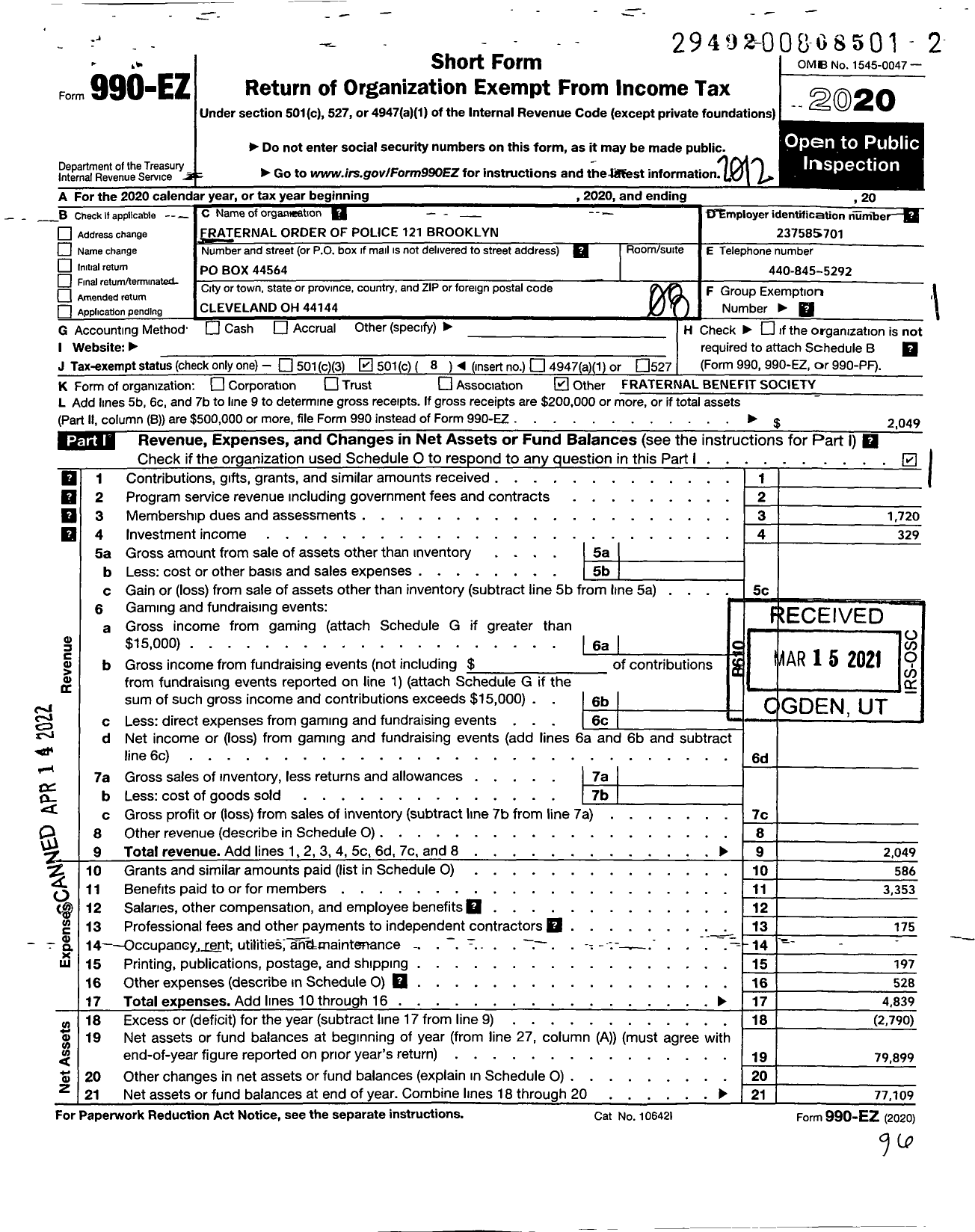 Image of first page of 2020 Form 990EO for Fraternal Order of Police 121 Brooklyn