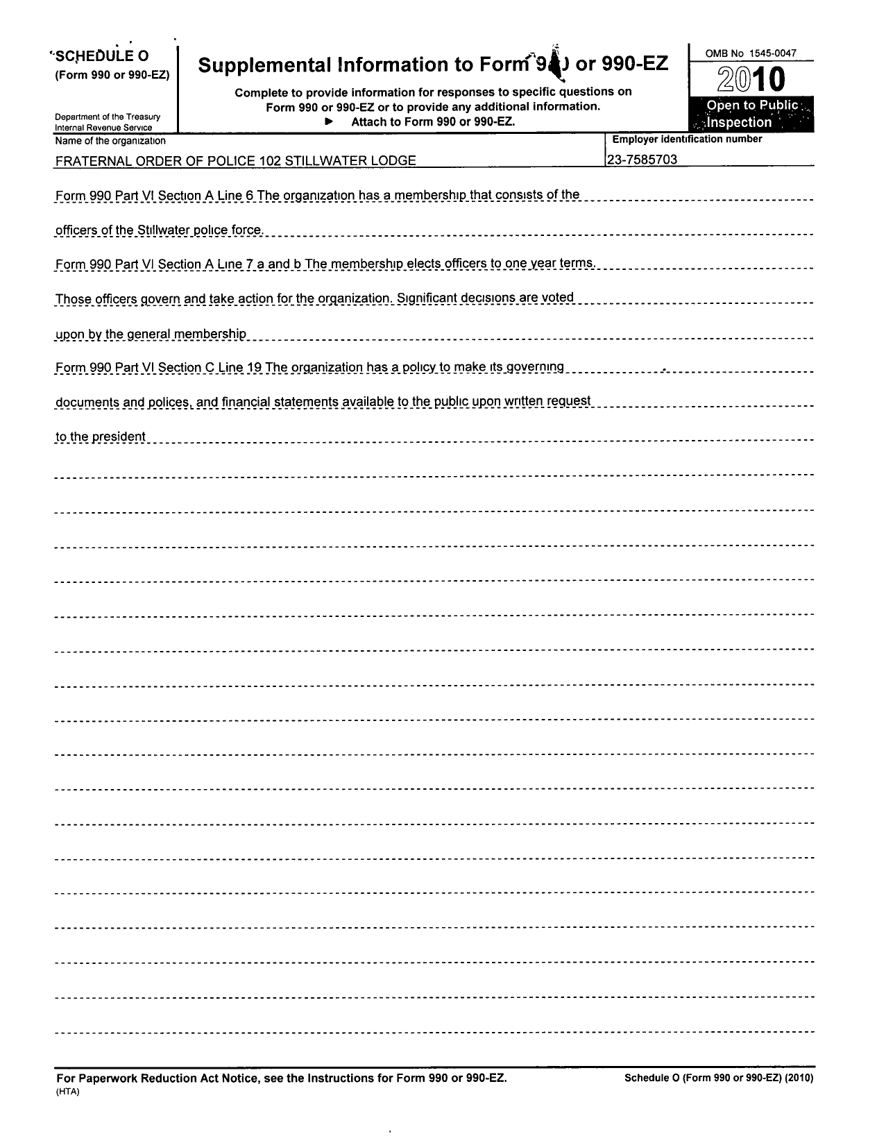 Image of first page of 2010 Form 990OR for Fraternal Order of Police - 102 Stillwater Lodge