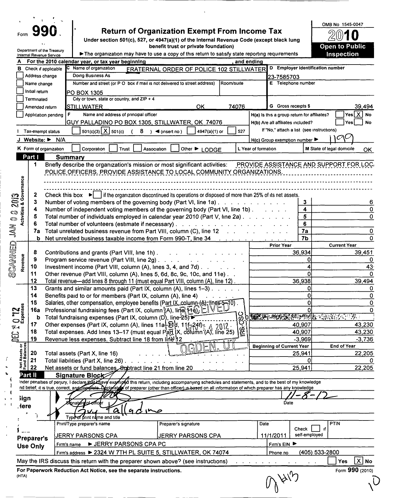 Image of first page of 2010 Form 990O for Fraternal Order of Police - 102 Stillwater Lodge