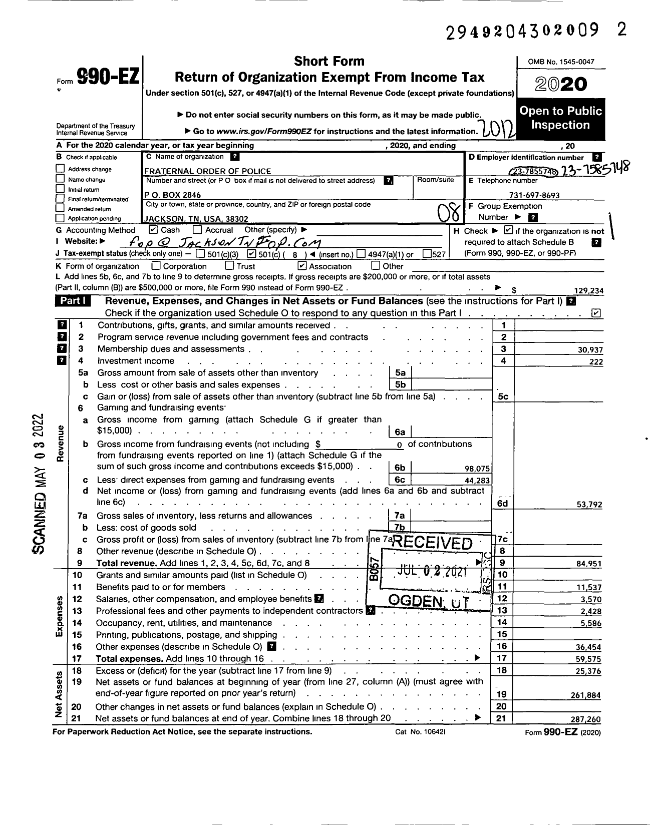 Image of first page of 2020 Form 990EO for Fraternal Order of Police - 7 Louis Fullerton JR Lodge