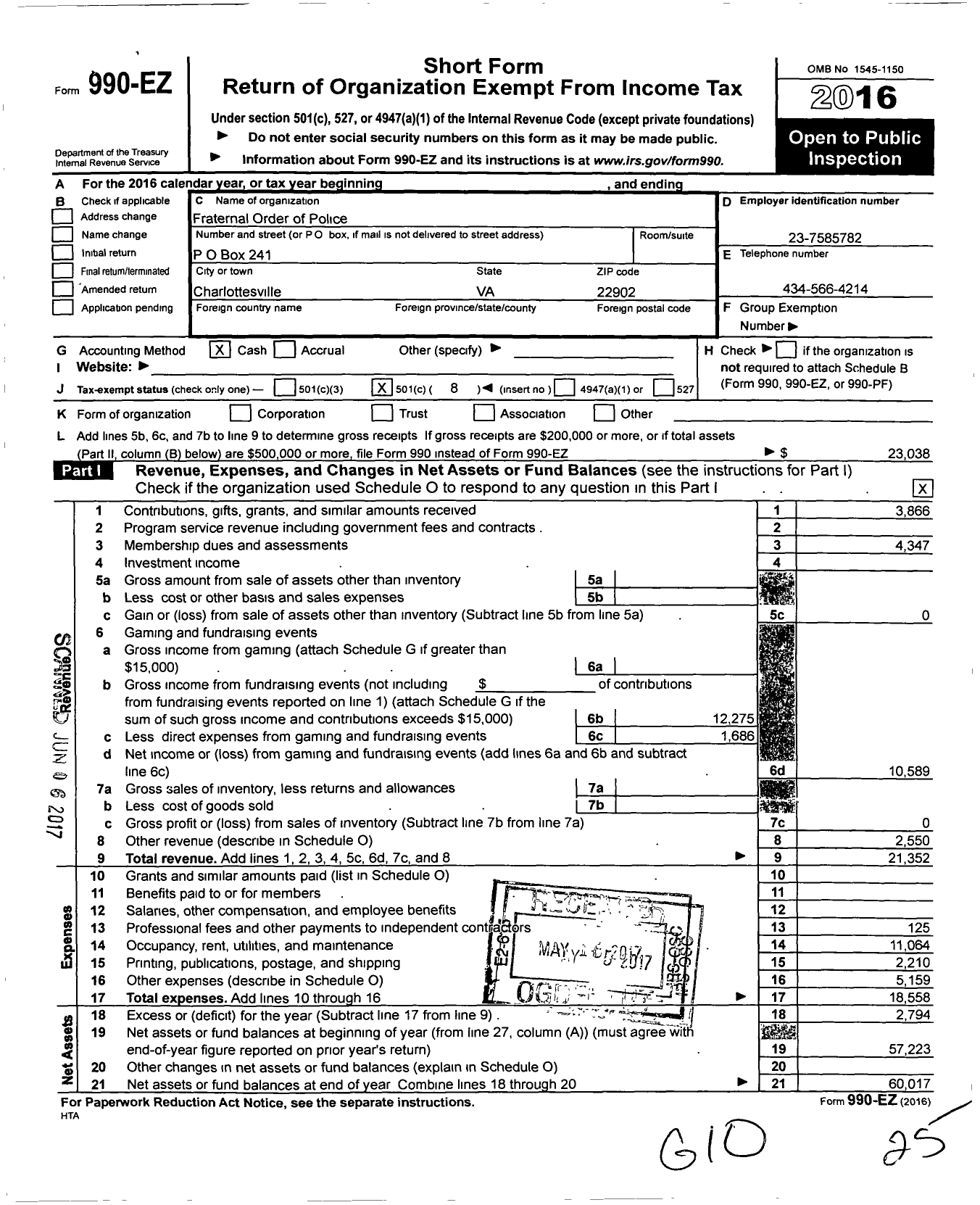 Image of first page of 2016 Form 990EO for FRATERNAL ORDER OF POLICE - 5 Thompson Hall Lodge