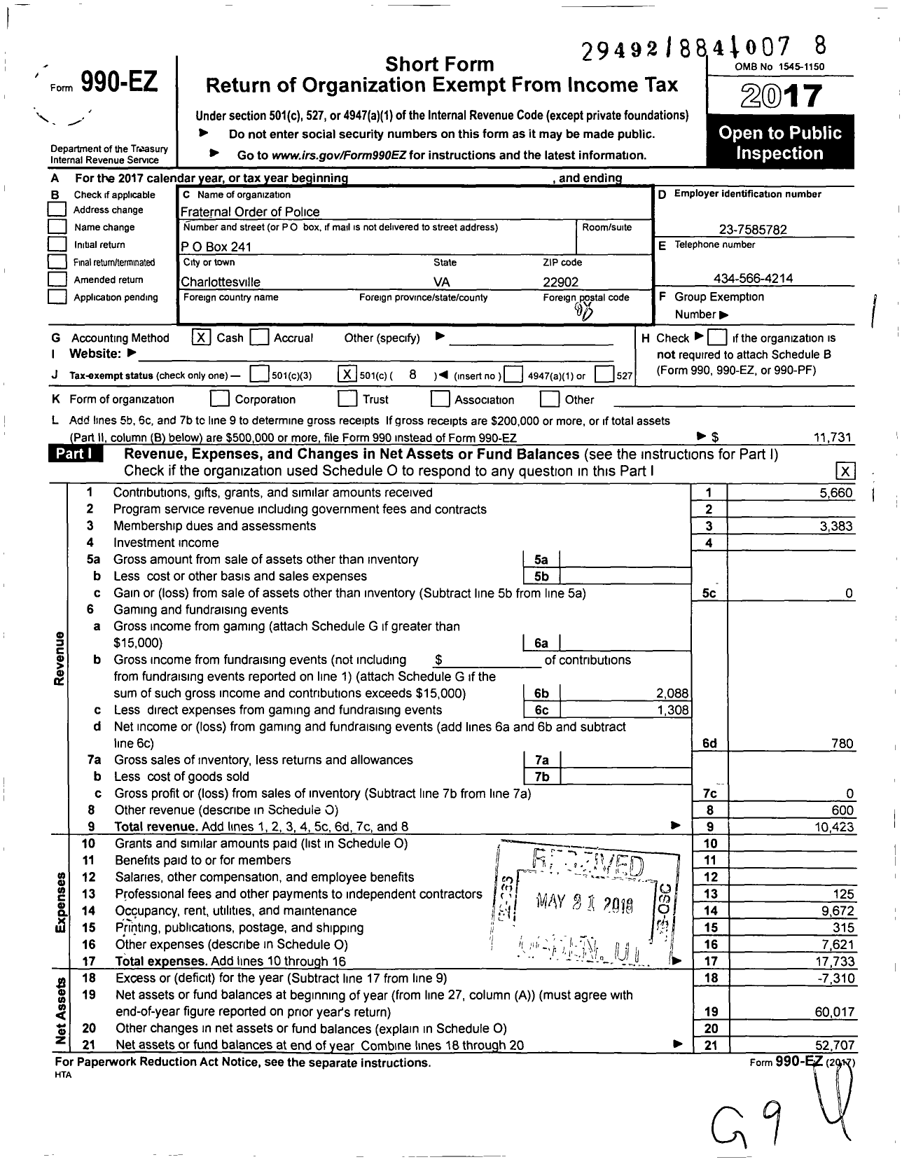 Image of first page of 2017 Form 990EO for FRATERNAL ORDER OF POLICE - 5 Thompson Hall Lodge