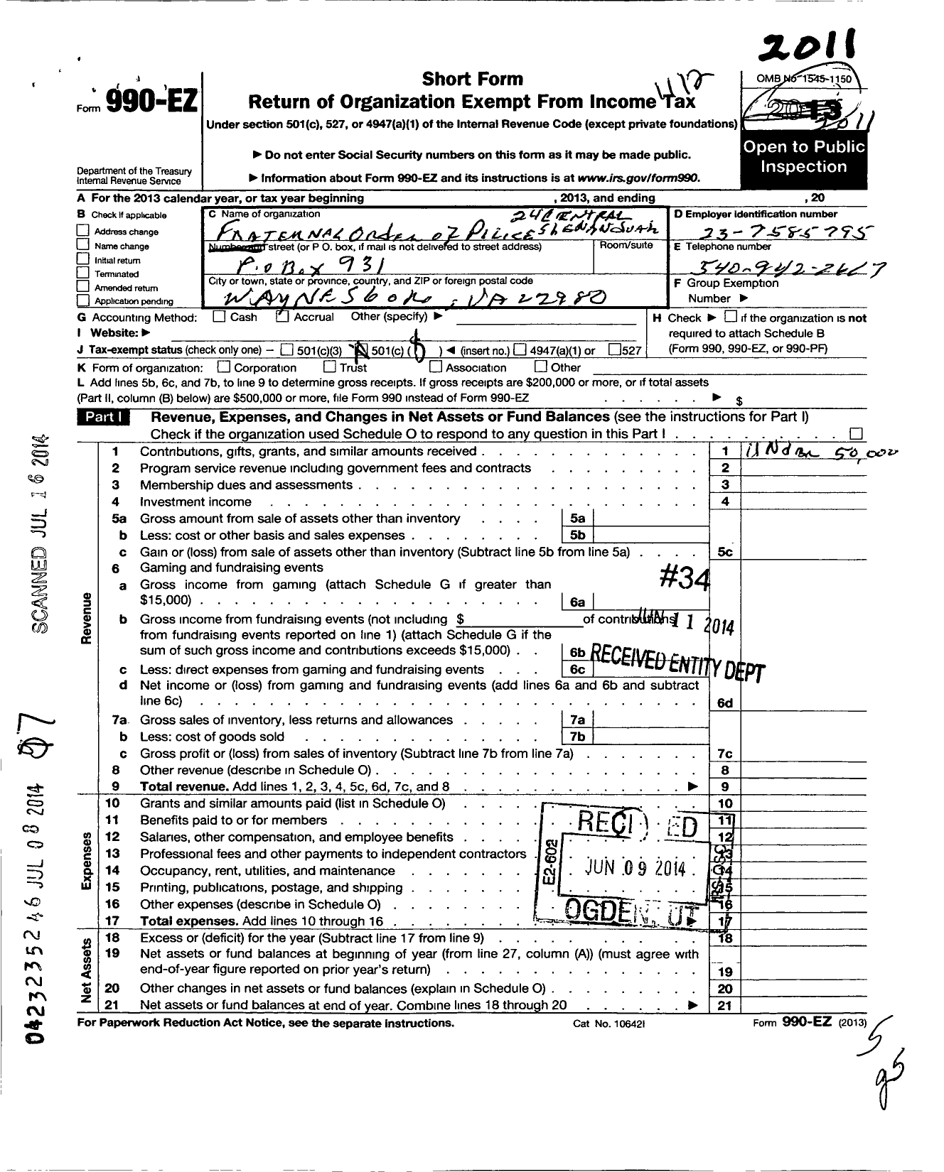 Image of first page of 2011 Form 990EO for Central Shenandoah Fop Lodge 24