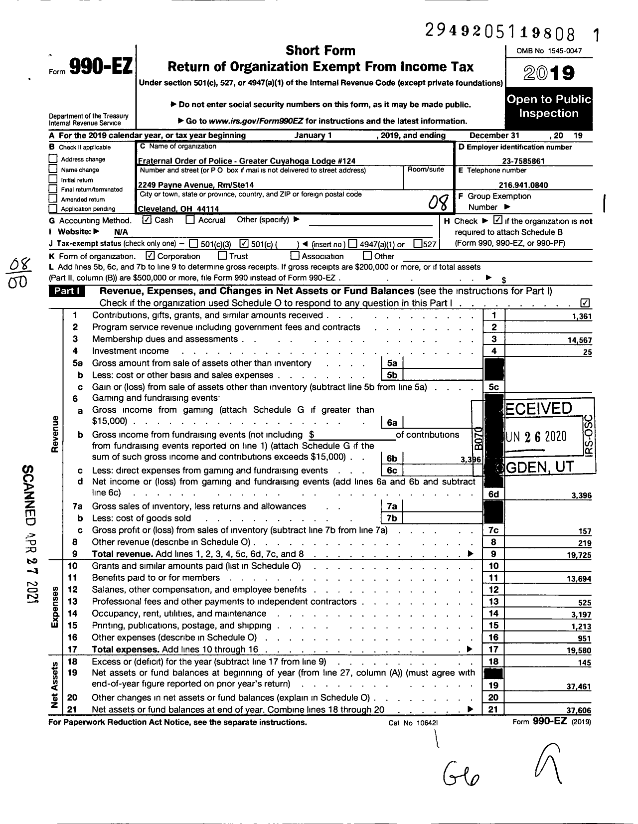 Image of first page of 2019 Form 990EO for Fraternal Order of Police - 124 Greater Cuyahoga Lodge