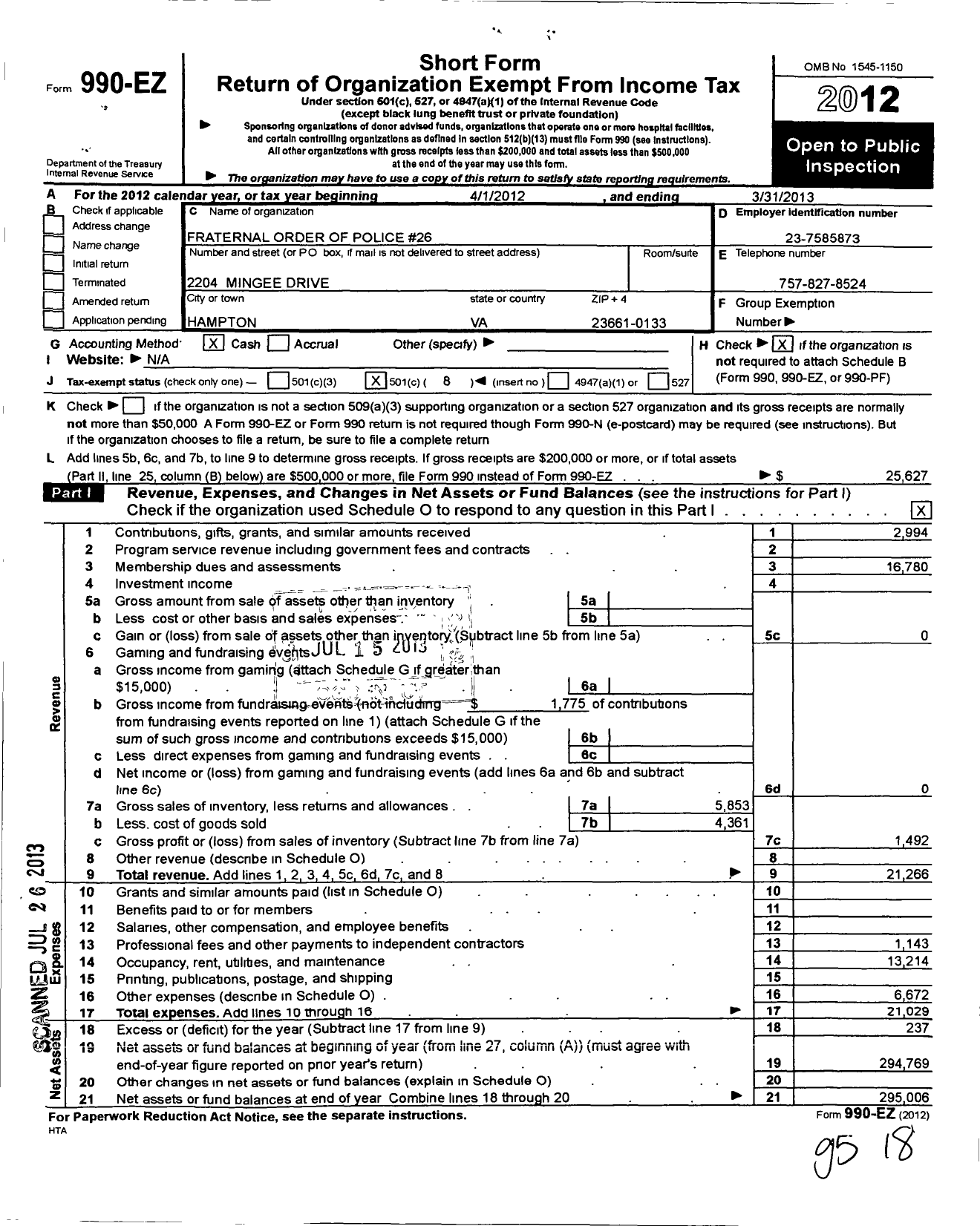 Image of first page of 2012 Form 990EO for Fraternal Order of Police - 26 Hampton Police Lodge