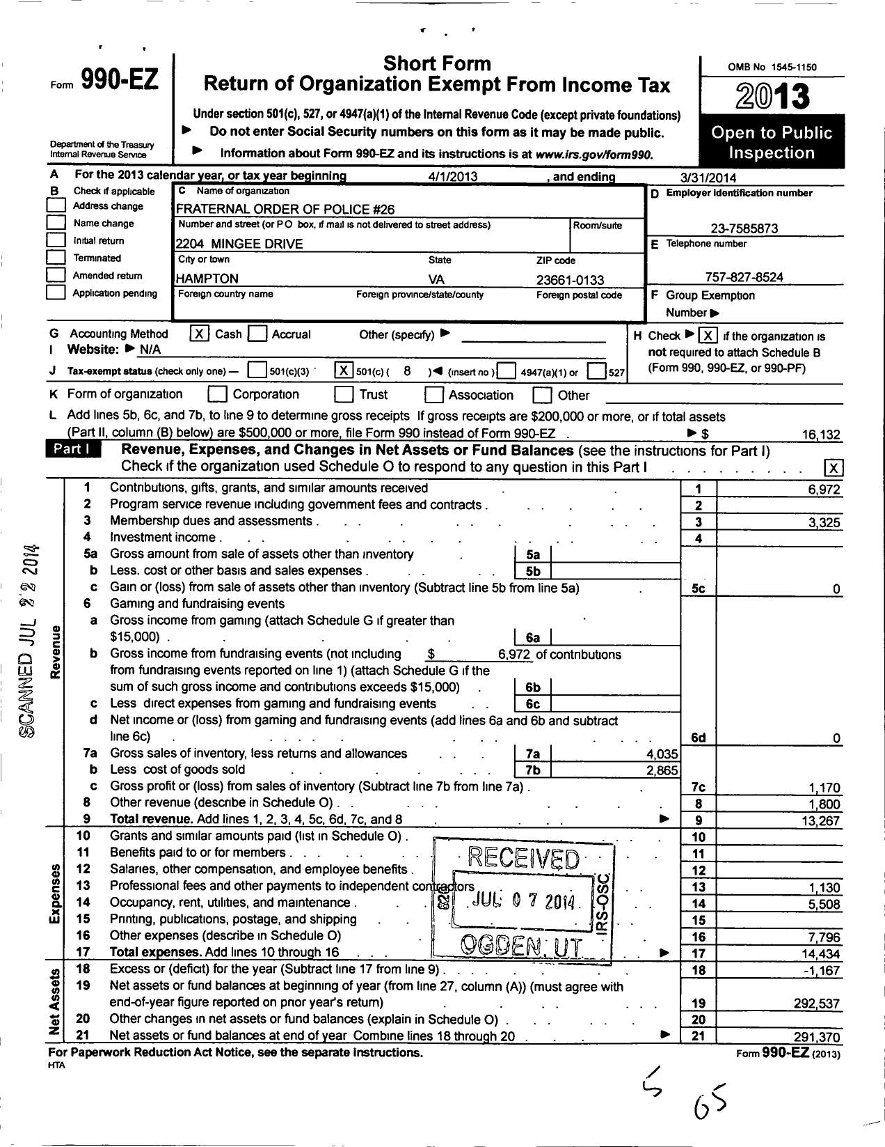 Image of first page of 2013 Form 990EO for Fraternal Order of Police - 26 Hampton Police Lodge