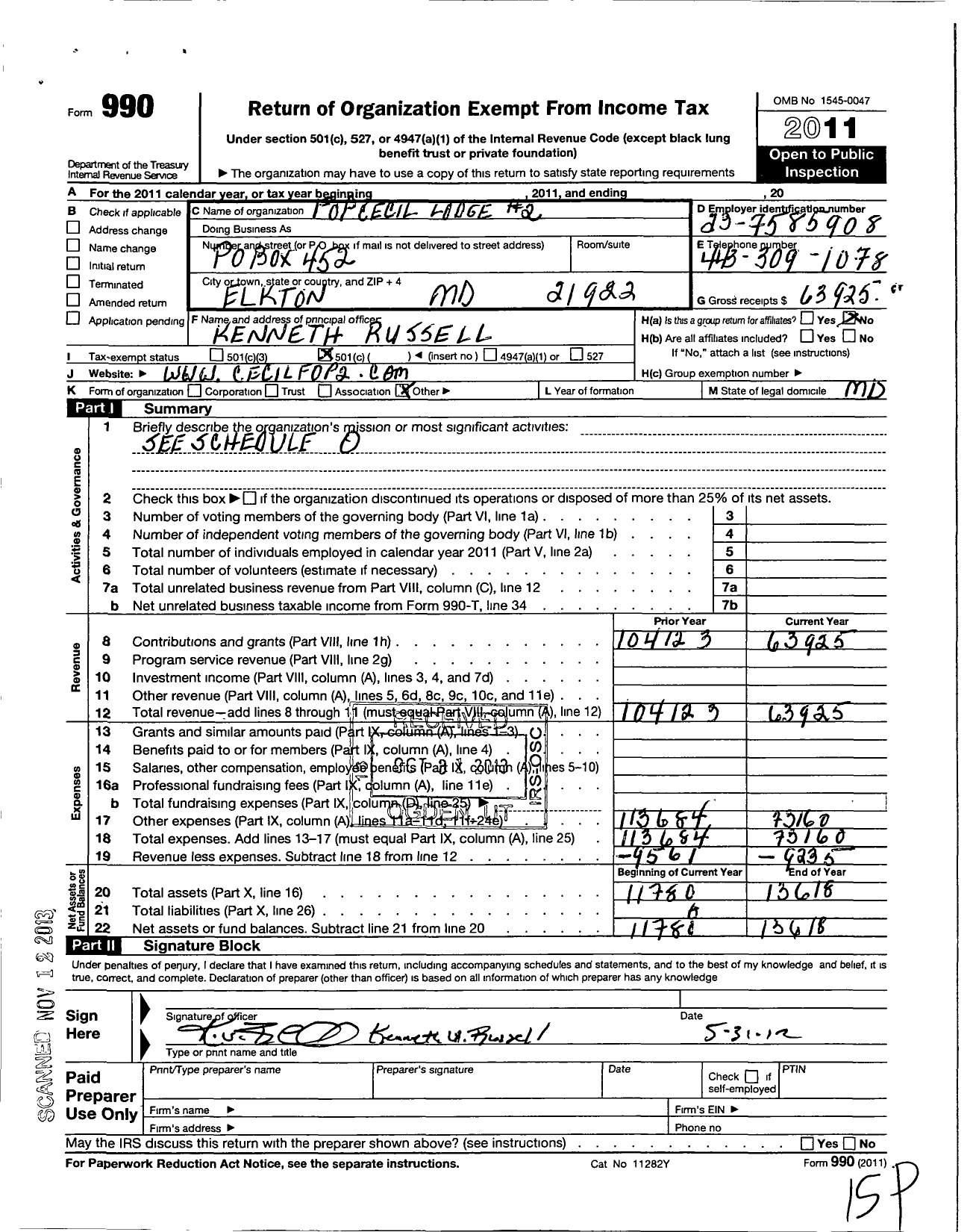 Image of first page of 2011 Form 990O for Fraternal Order of Police - 2 Cecil Lodge