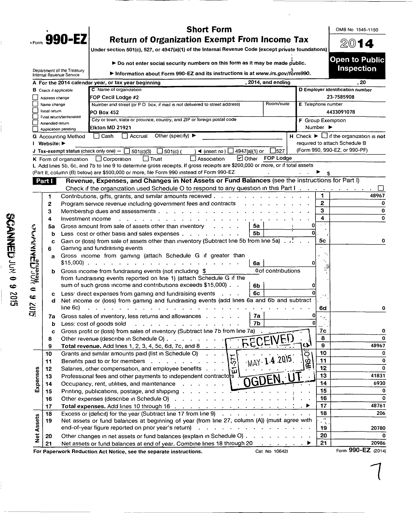 Image of first page of 2014 Form 990EO for Fraternal Order of Police - 2 Cecil Lodge