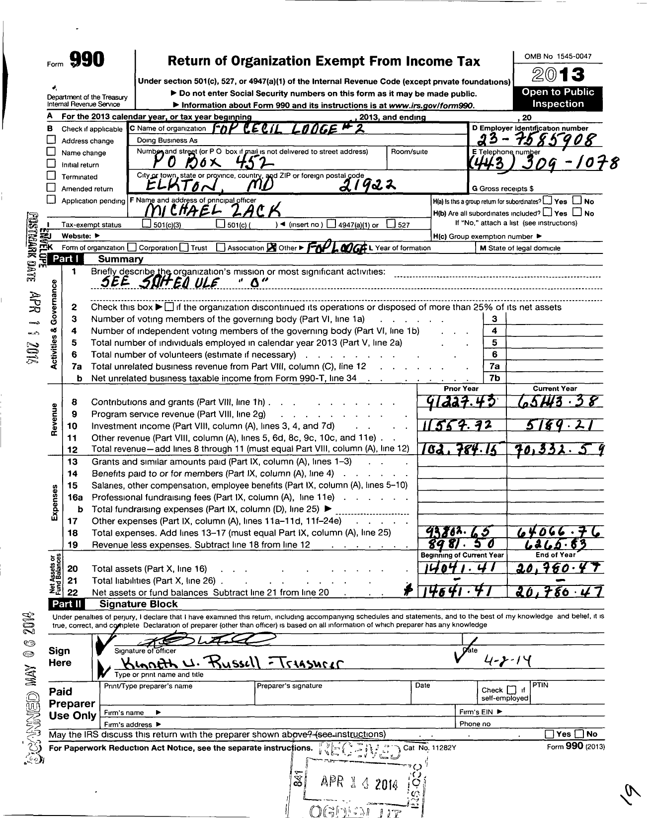 Image of first page of 2013 Form 990O for Fraternal Order of Police - 2 Cecil Lodge