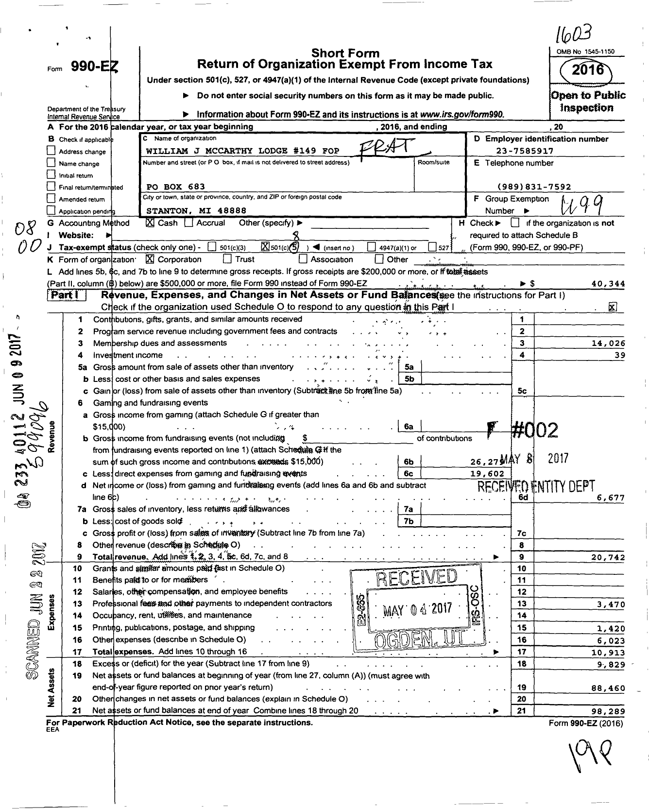 Image of first page of 2015 Form 990EO for Fraternal Order of Police - 149 William L Mccarthy Lodge