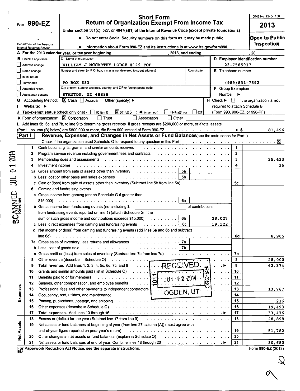 Image of first page of 2013 Form 990EO for Fraternal Order of Police - 149 William L Mccarthy Lodge