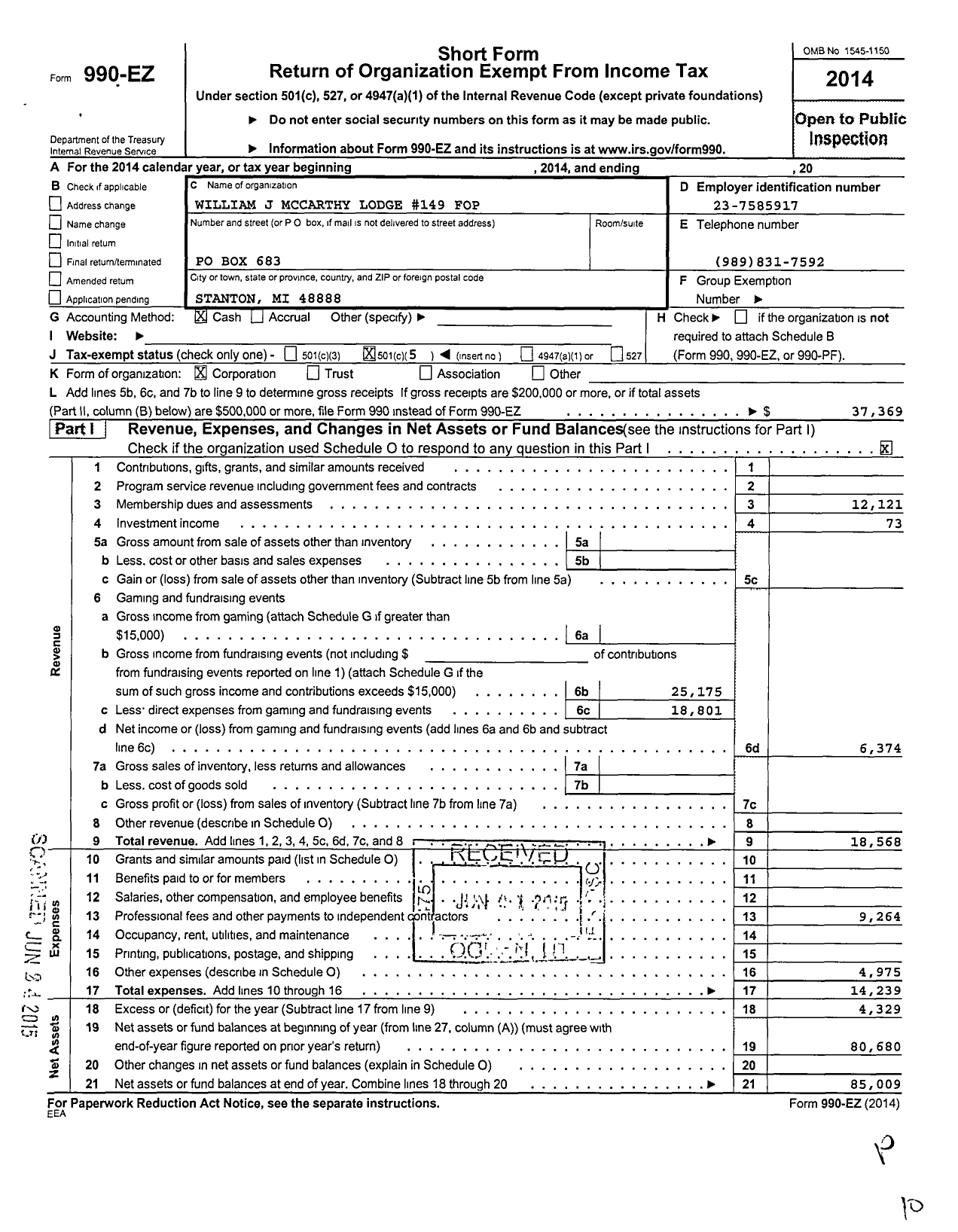 Image of first page of 2014 Form 990EO for Fraternal Order of Police - 149 William L Mccarthy Lodge