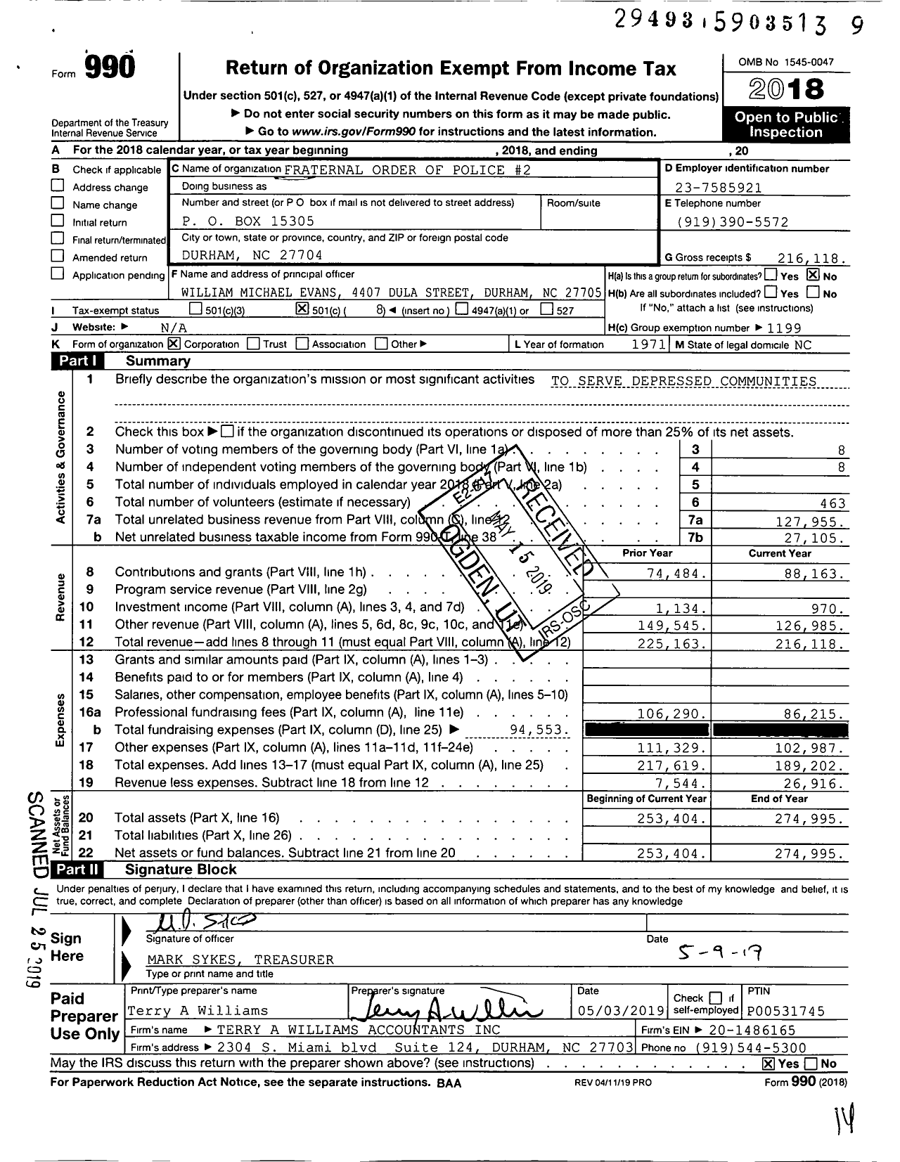 Image of first page of 2018 Form 990O for Fraternal Order of Police 2