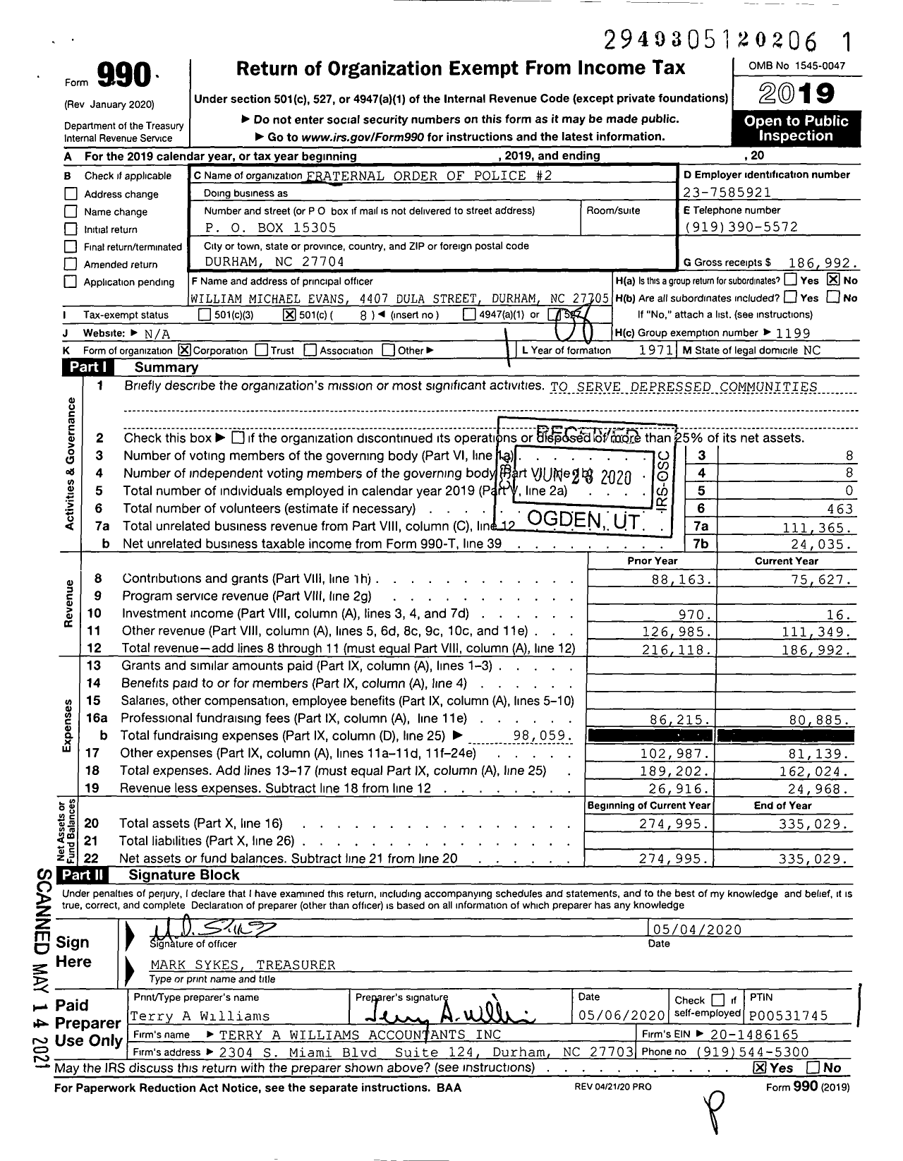 Image of first page of 2019 Form 990O for Fraternal Order of Police 2